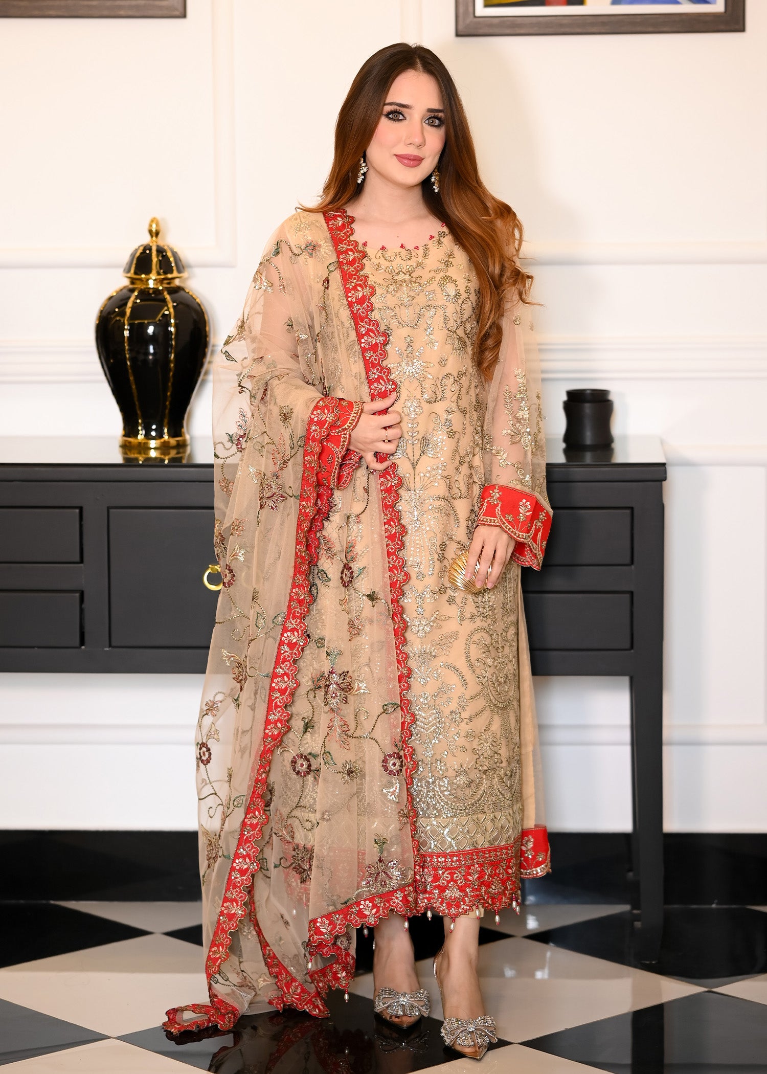 net Kurta Set in Beige