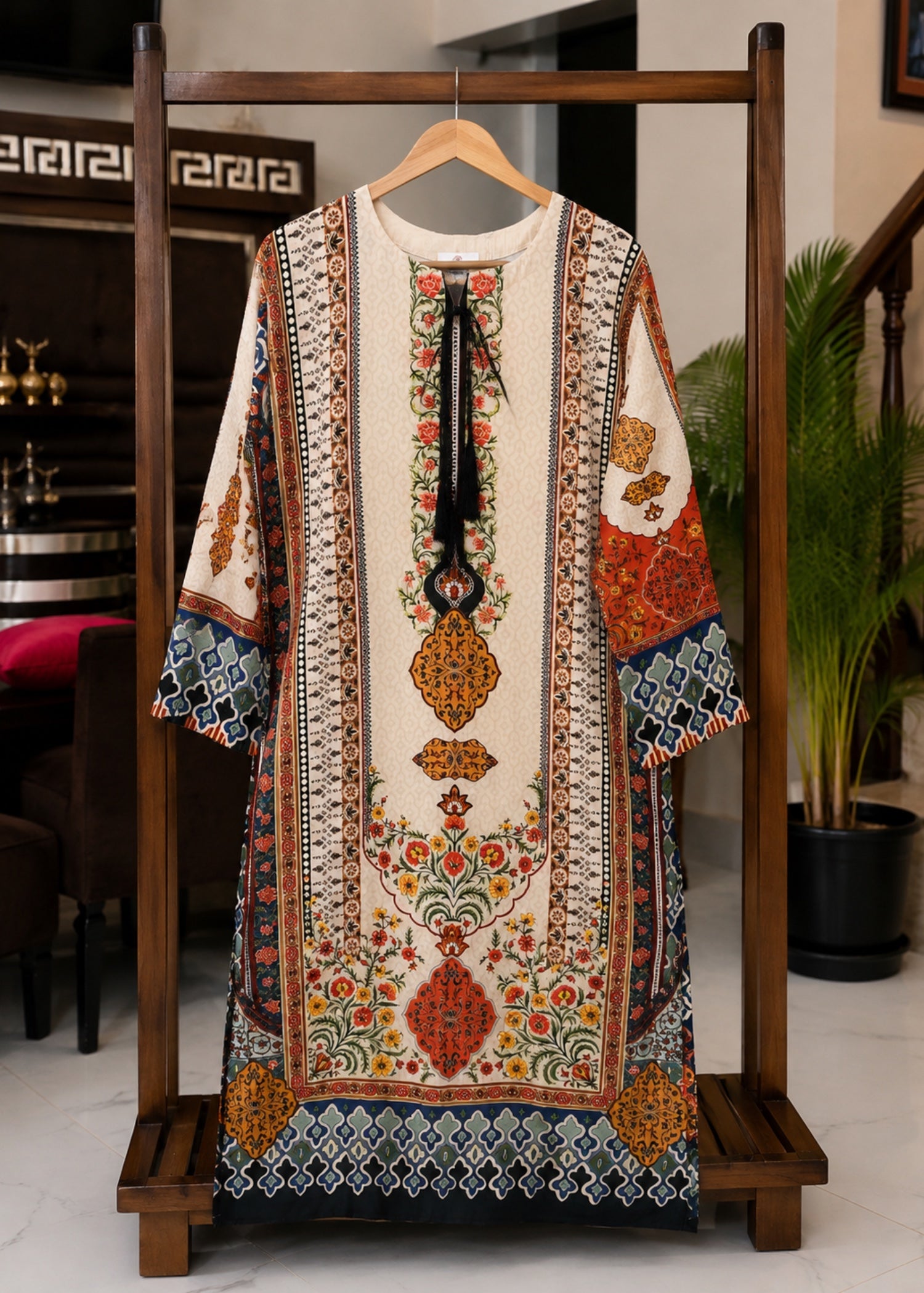 silk finish lawn Kurta Set in Multi, eggshell