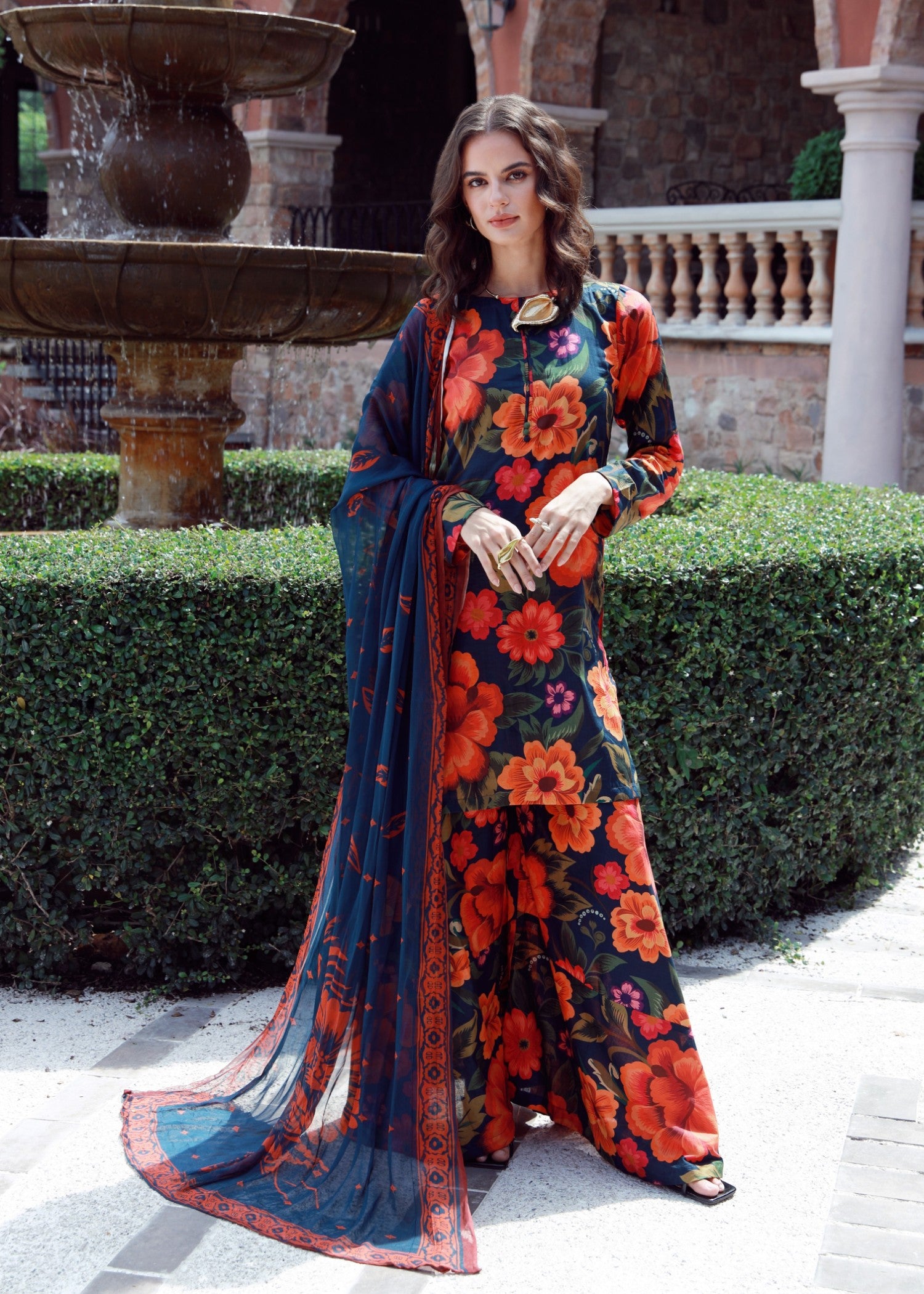 lawn Sharara in Orange, pumpkin orange