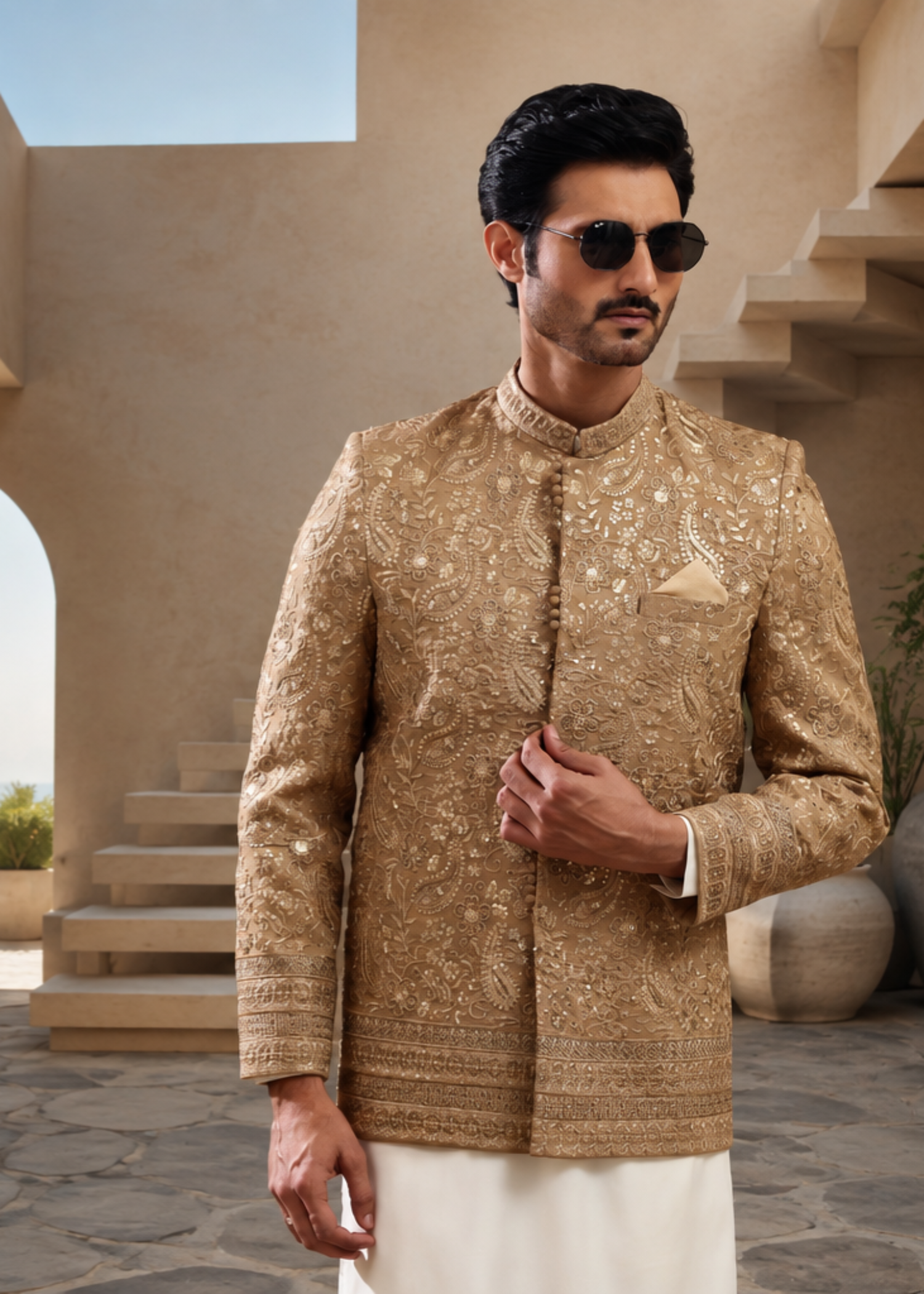 jamawar Prince Coat in Tan brown