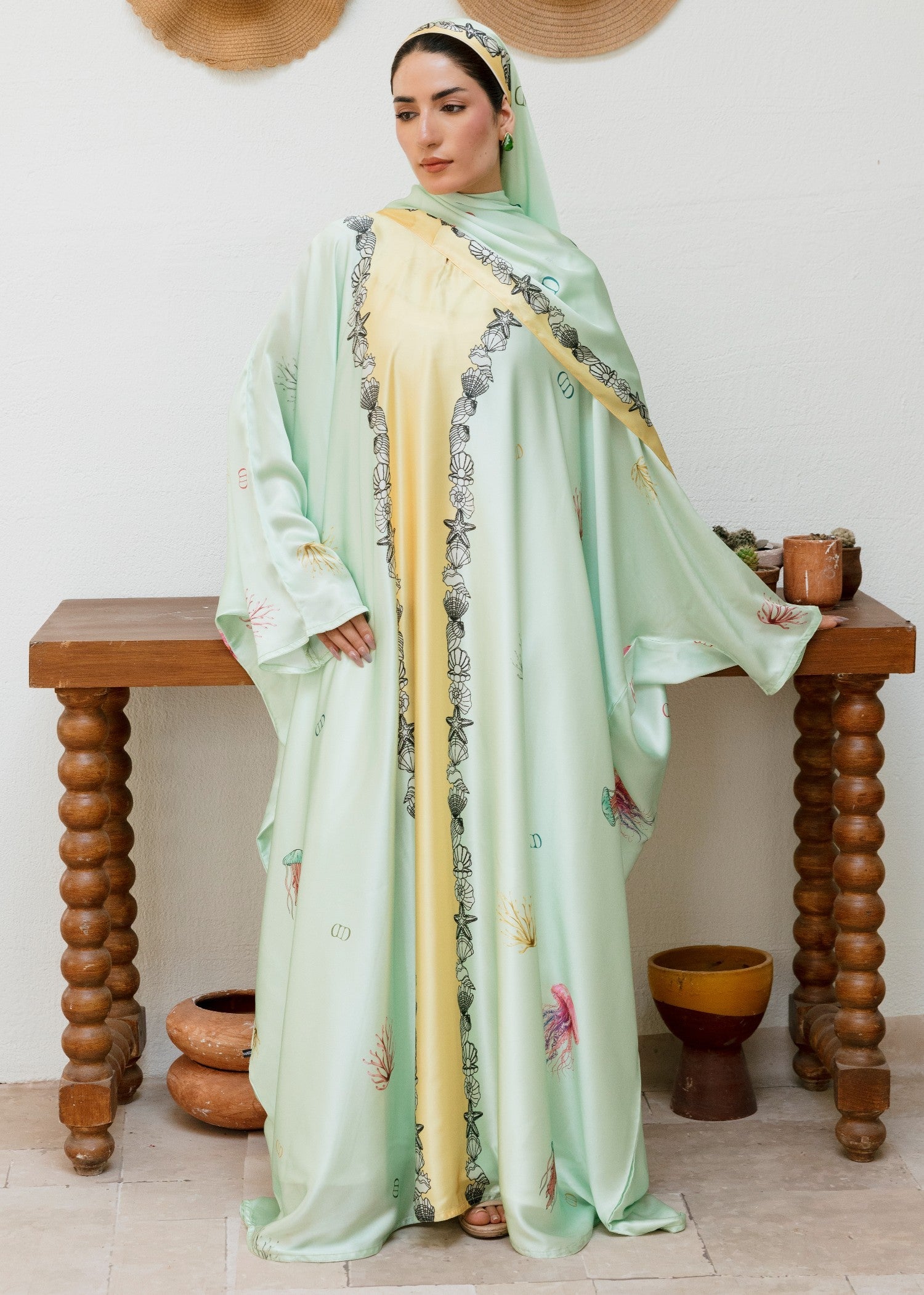 pk charmuse silk Abaya in Multi, tea green