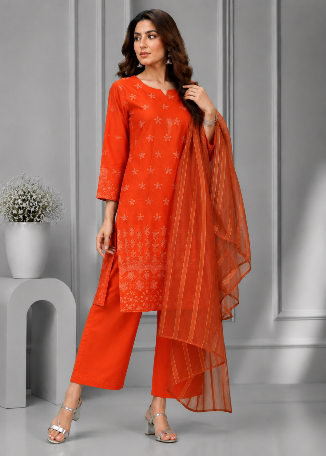 chikankari cotton Kurta Set in Coral orange