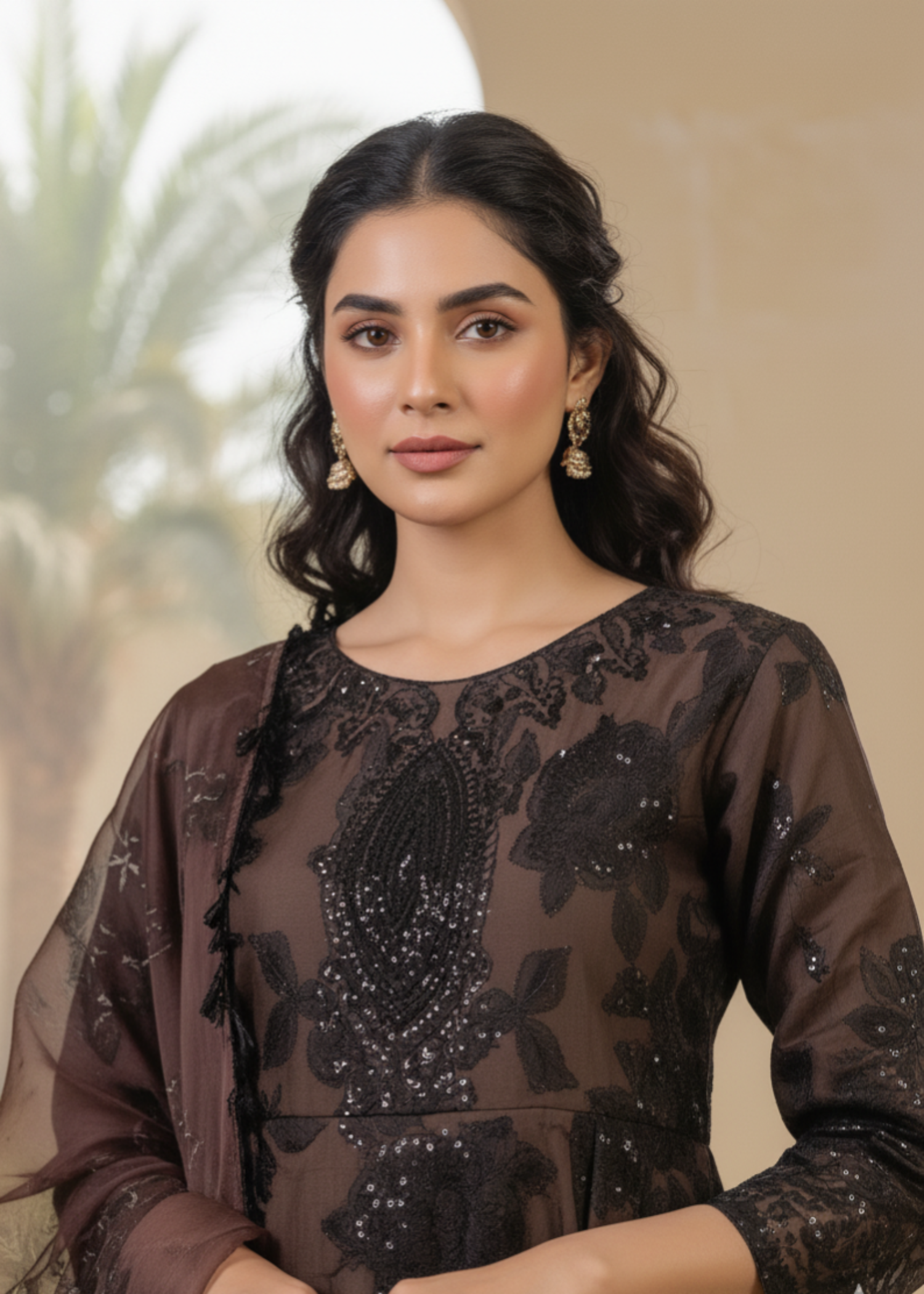organza silk Short Frock in Dark brown