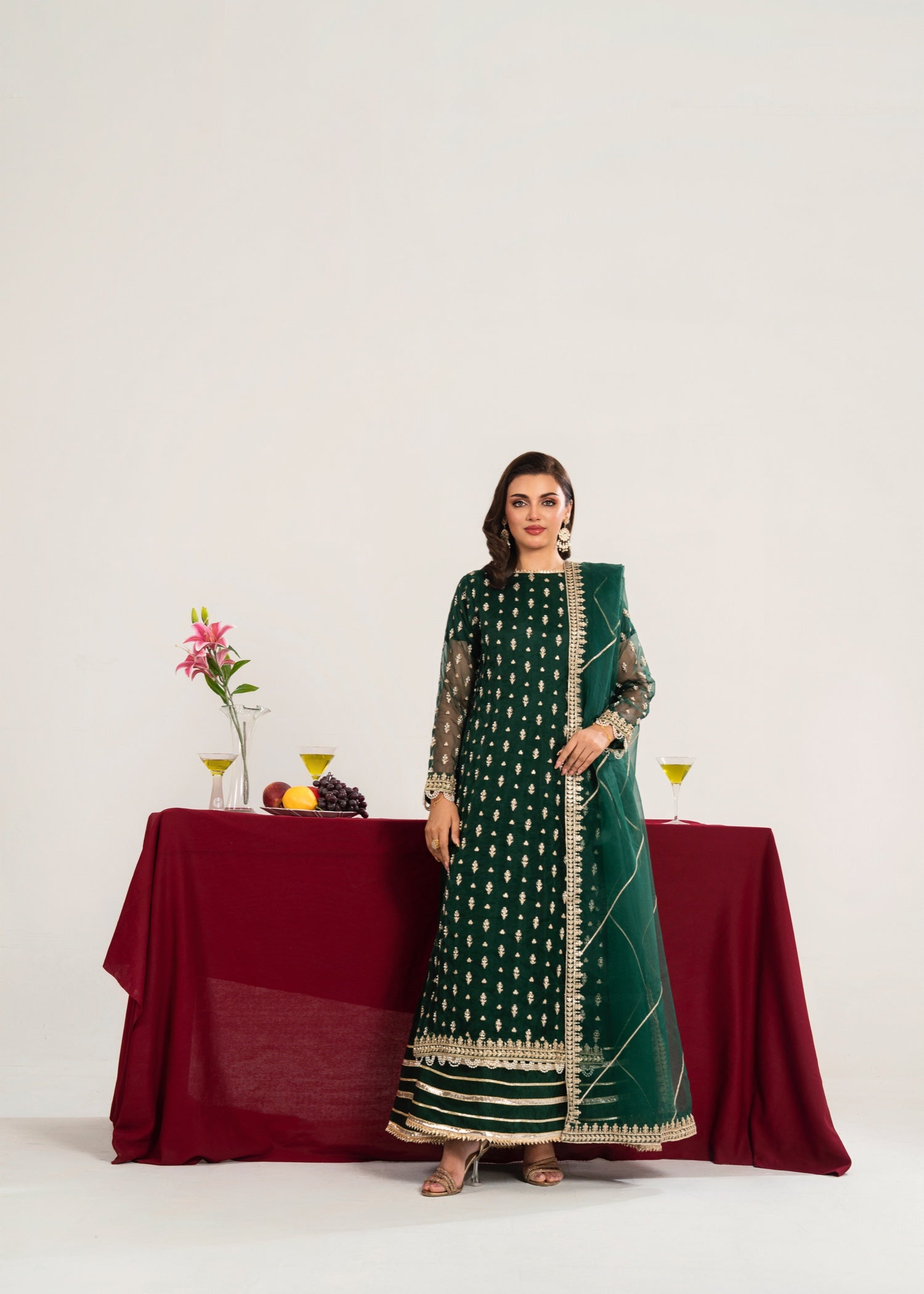 kattan silk Pishwas in Dark green