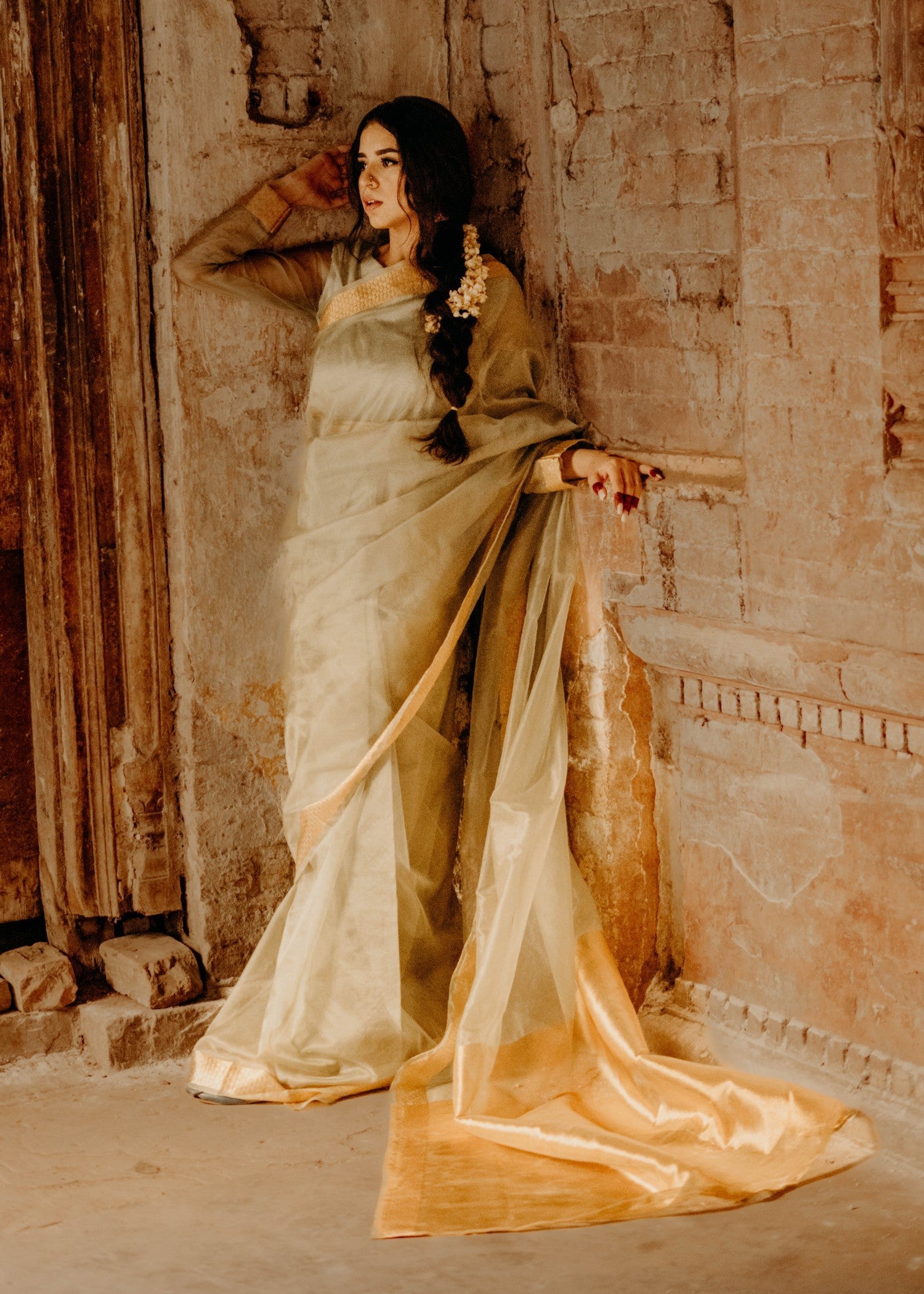 zari organza Saree in Sage green