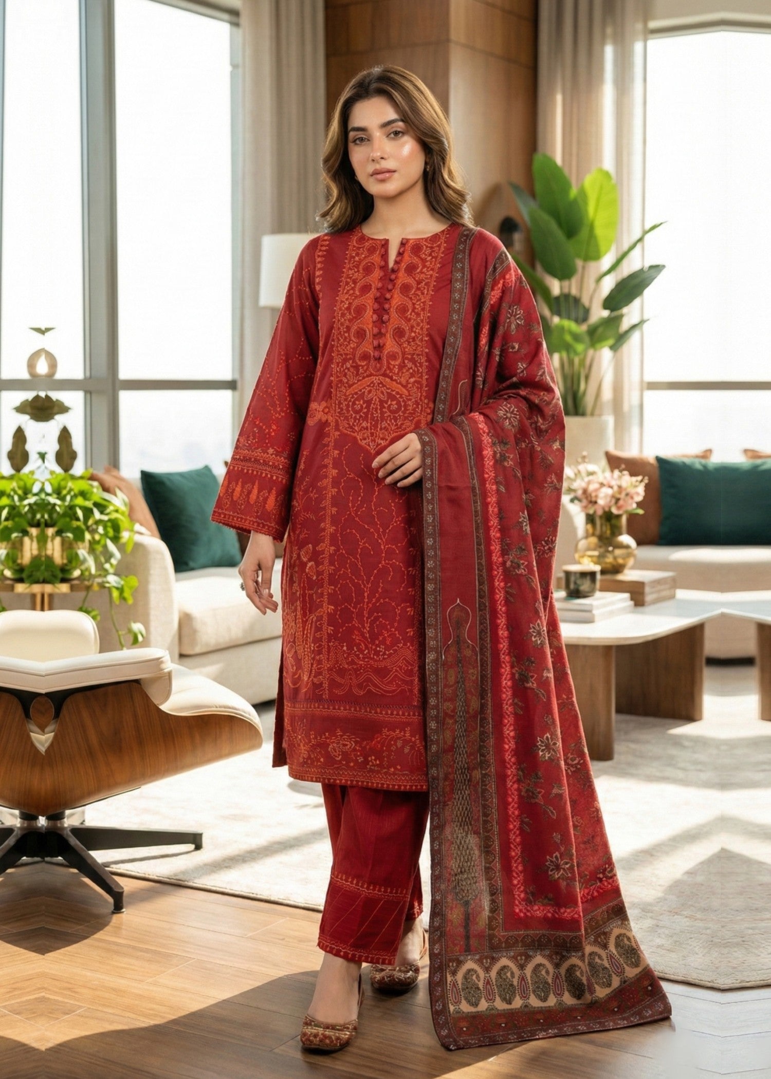 khaddar Kurta Set in Deep carmine