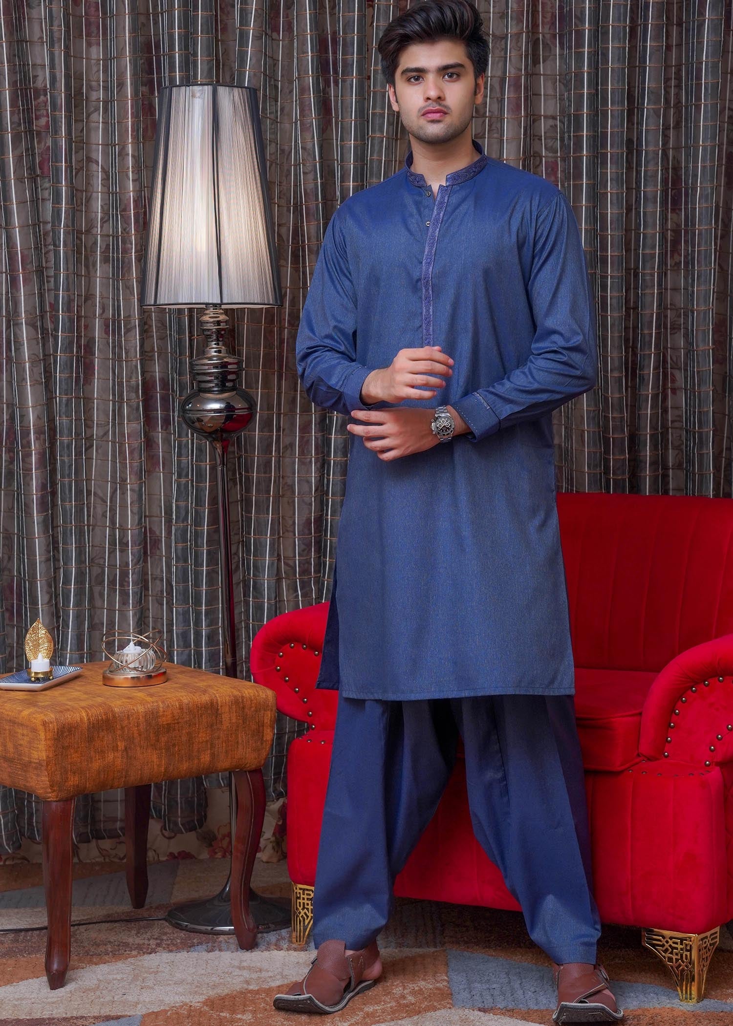 textured wash & wear Shalwar Kameez in Blue