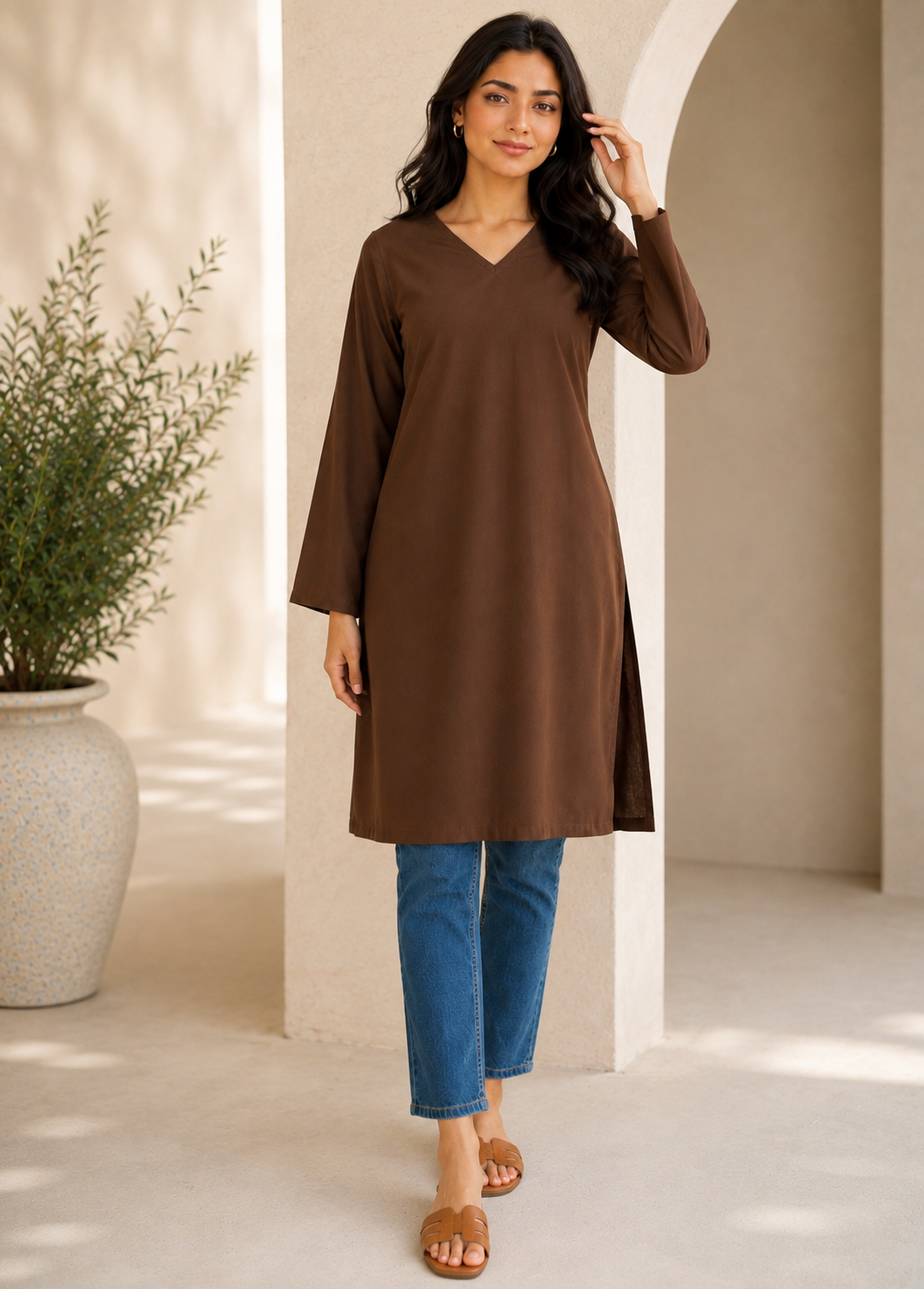linen Kurti in Peanut