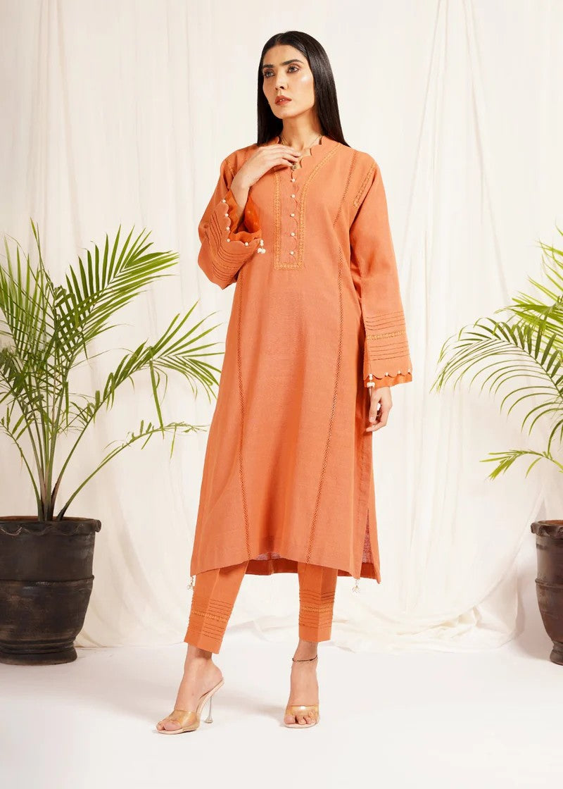 khaddar Kurta Set in Coral orange