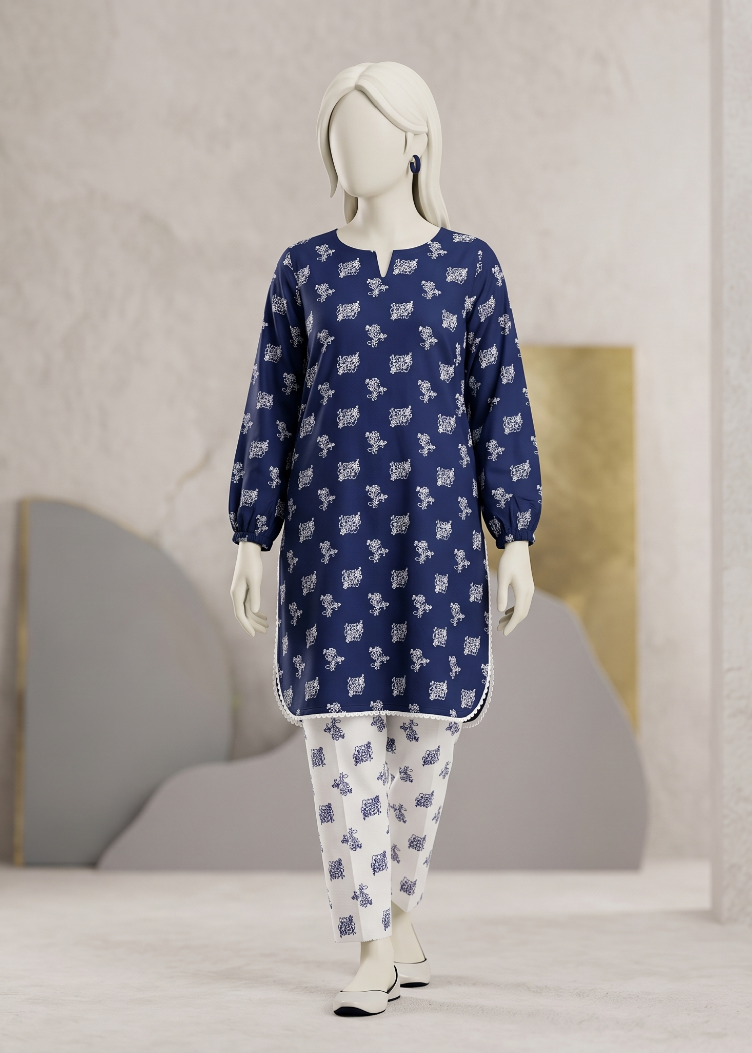 arabic lawn Kurta Set in Navy blue