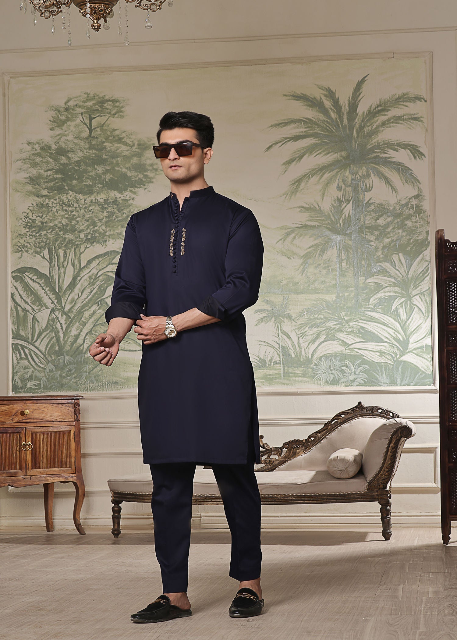 cotton satin Kurta Set in Blue