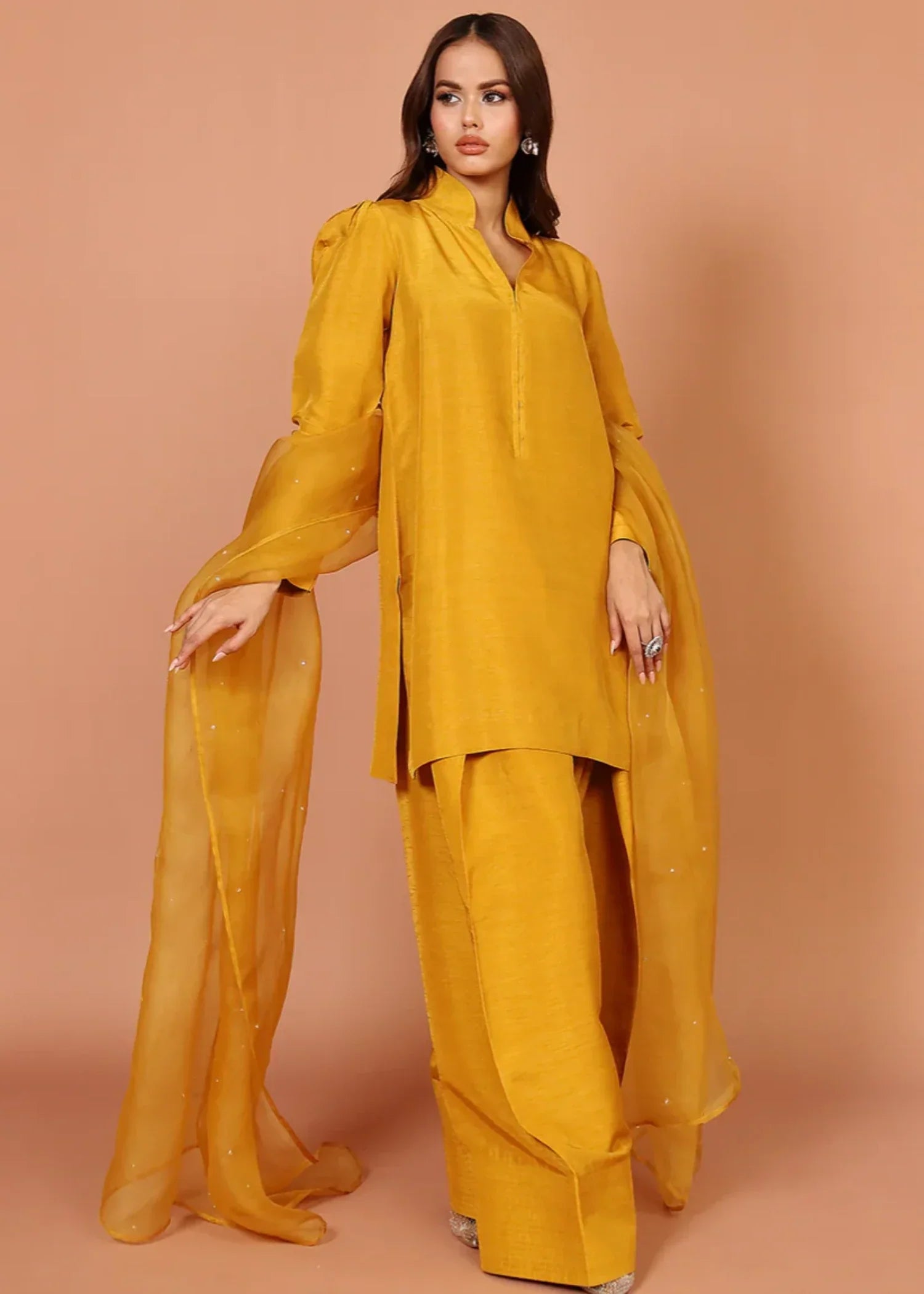 indian raw silk Kurta Set in Saffron