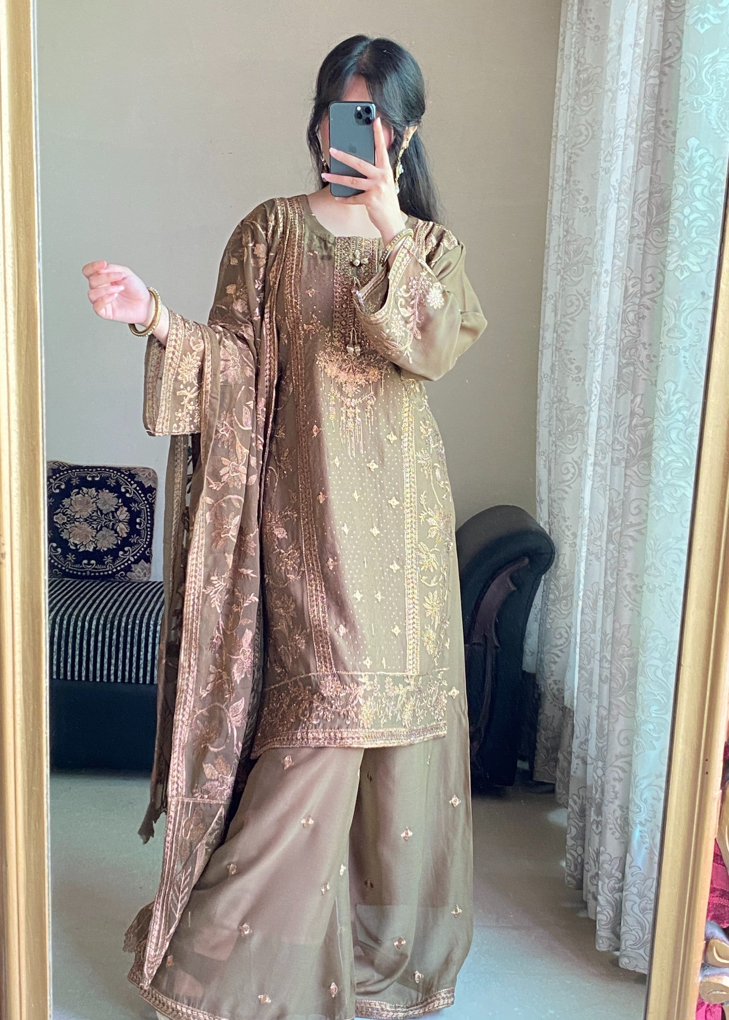 chiffon Kurta Set in Chocolate brown