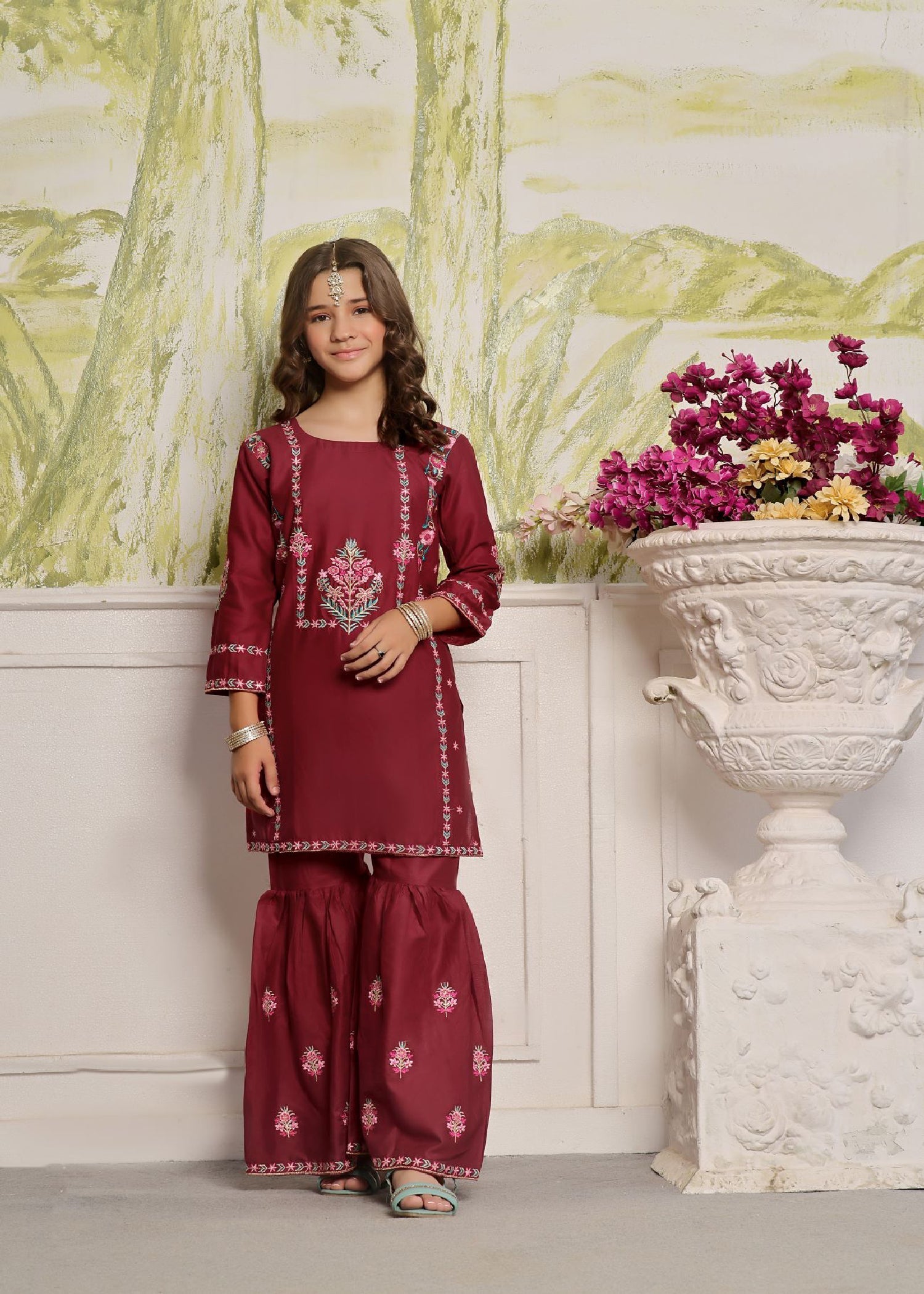 lawn cotton Gharara in Maroon
