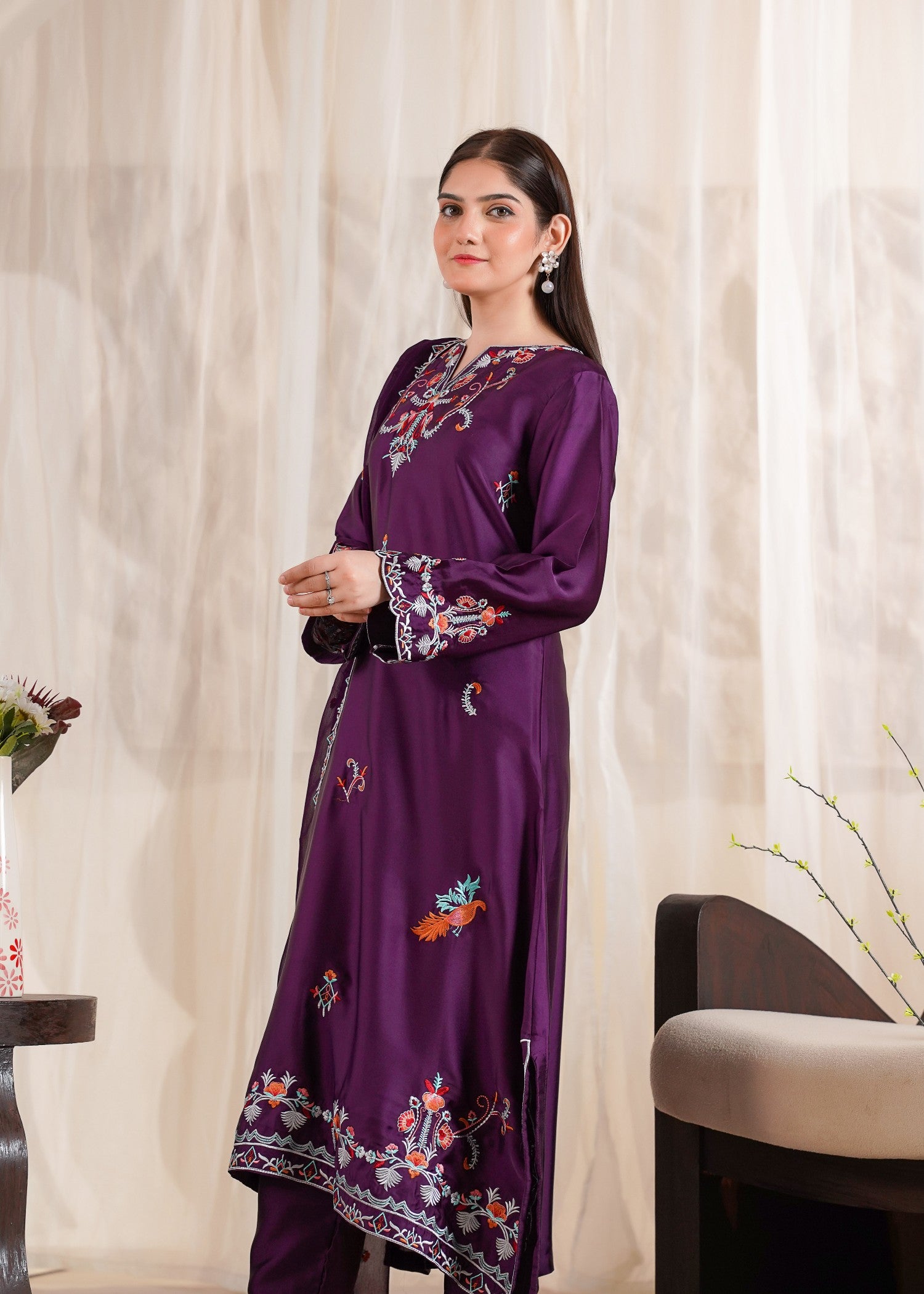 silk Kurta Set in Plum purple