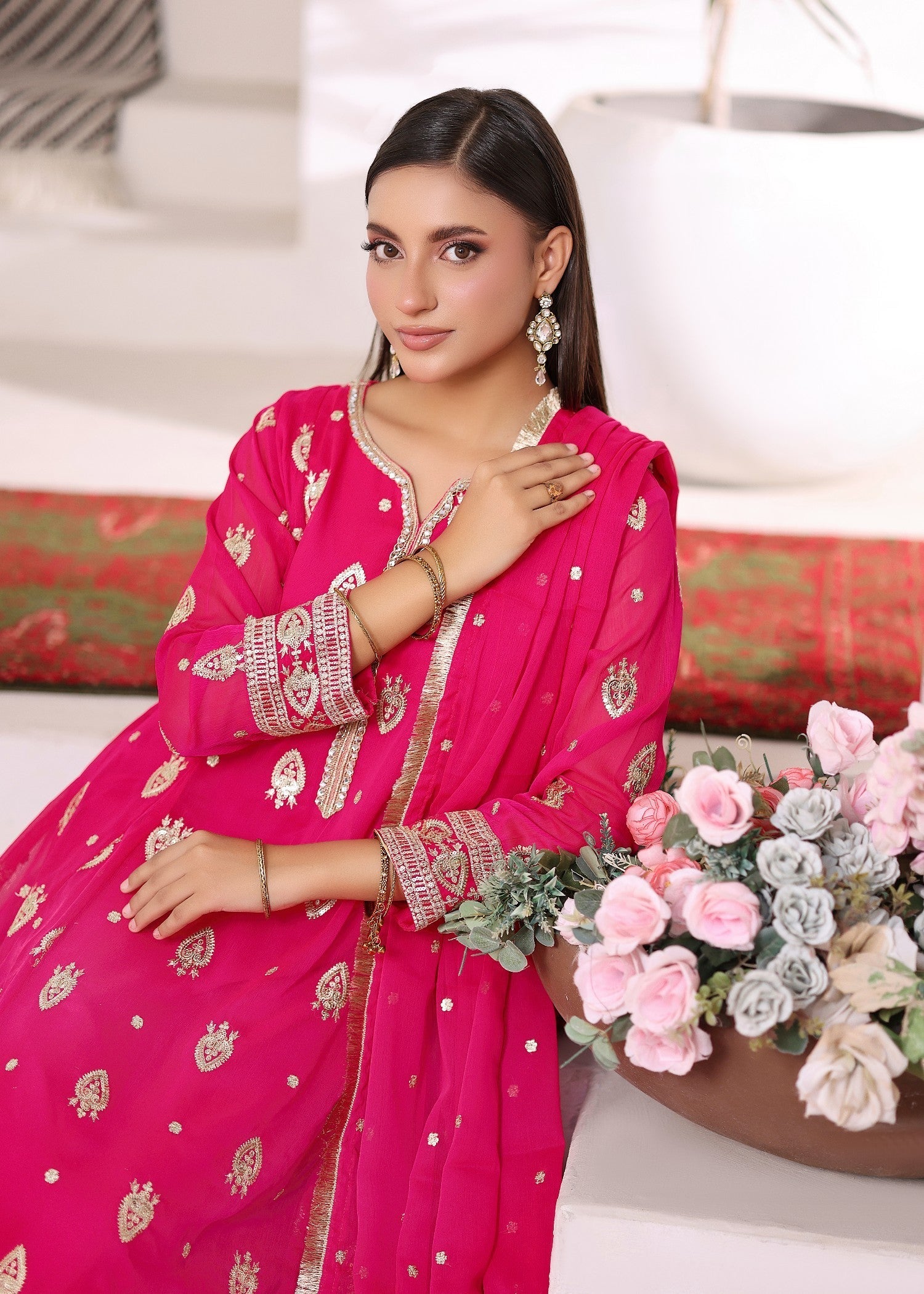 chiffon Pishwas in Vivid pink