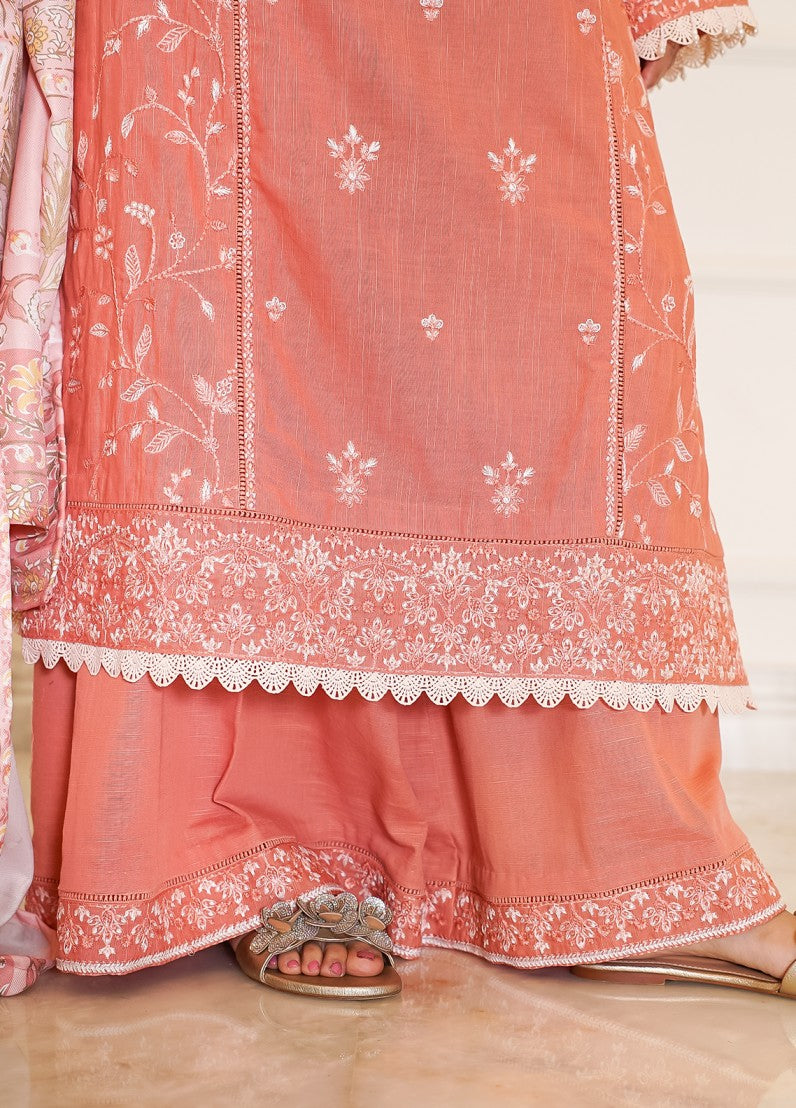 fine khaddar Unstitched in Coral pink