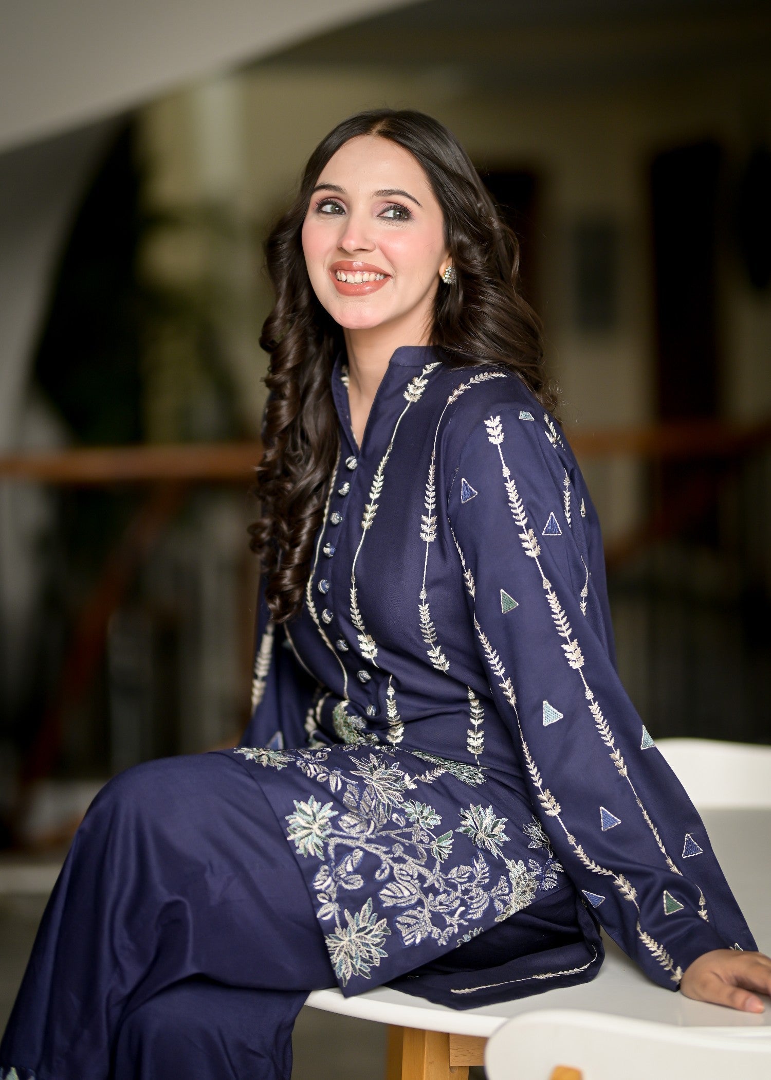 linen Kurta Set in Navy blue