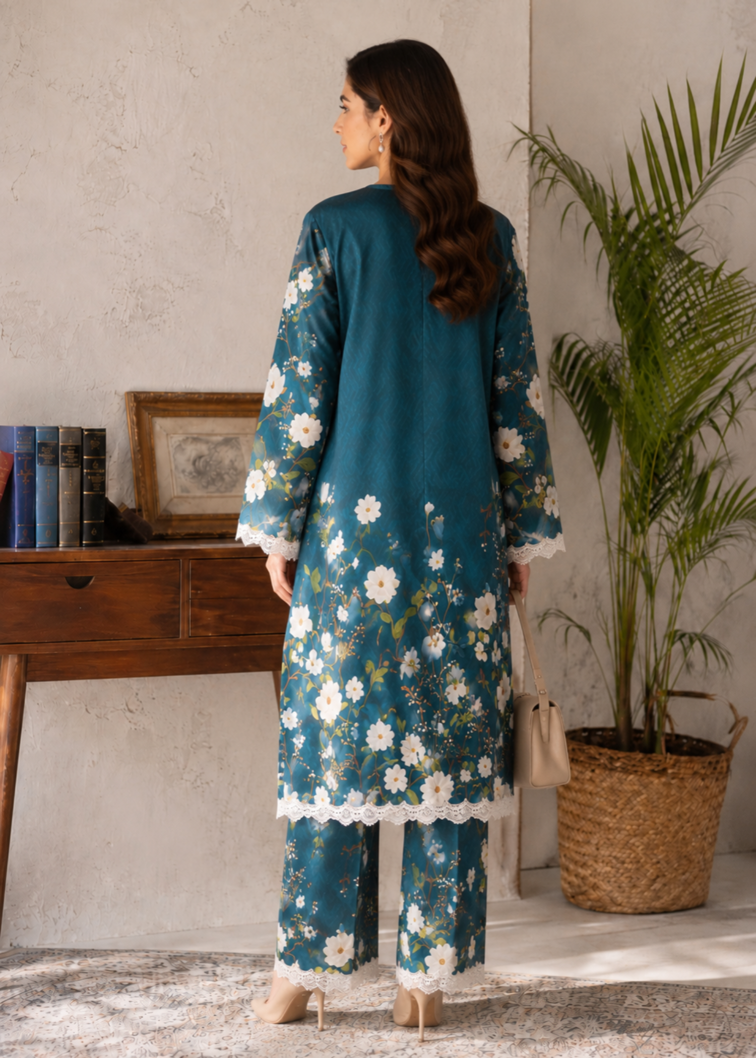 poly lawn Co Ord Sets in Teal, off-white