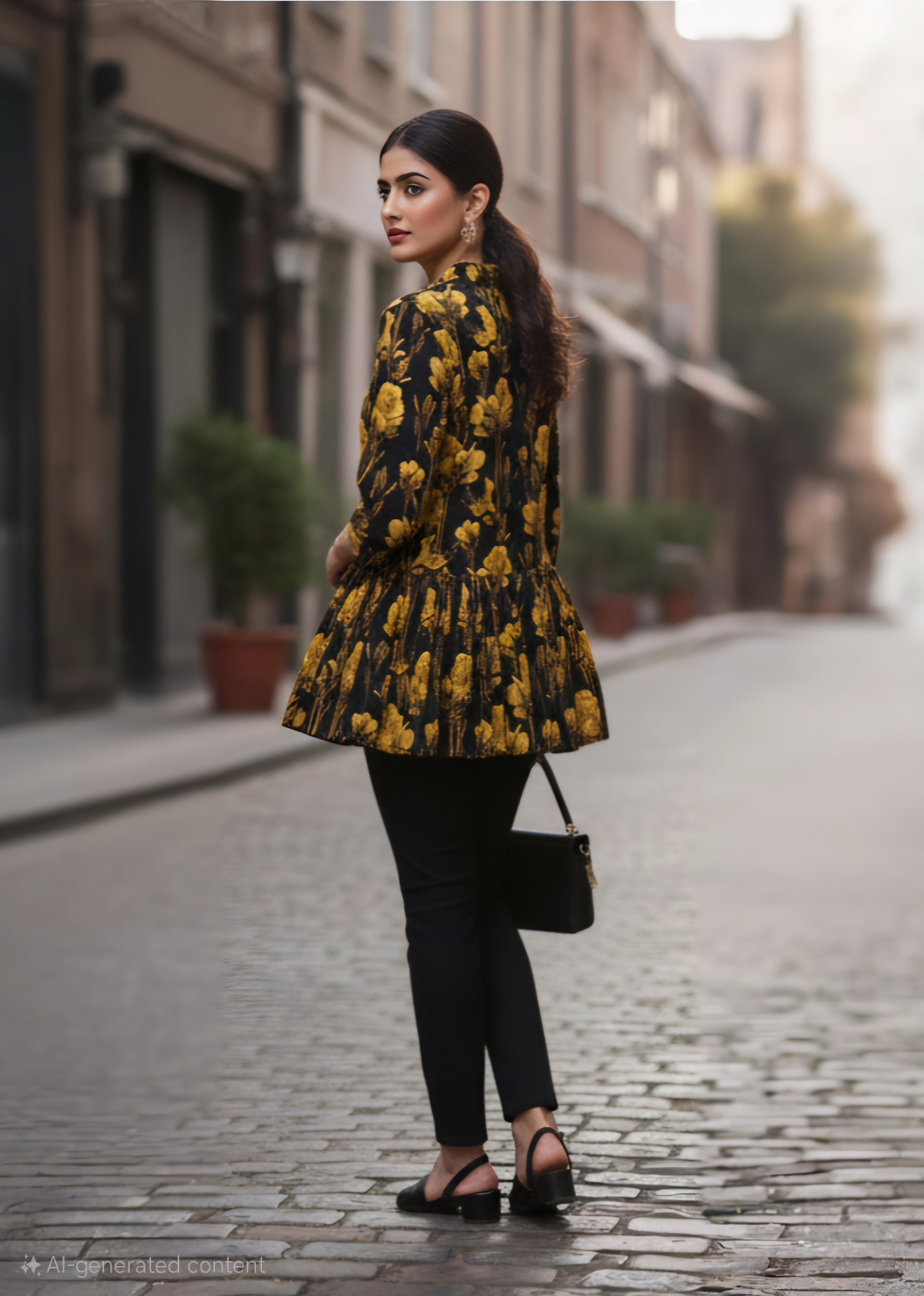slub khaddar Top in Black, gold
