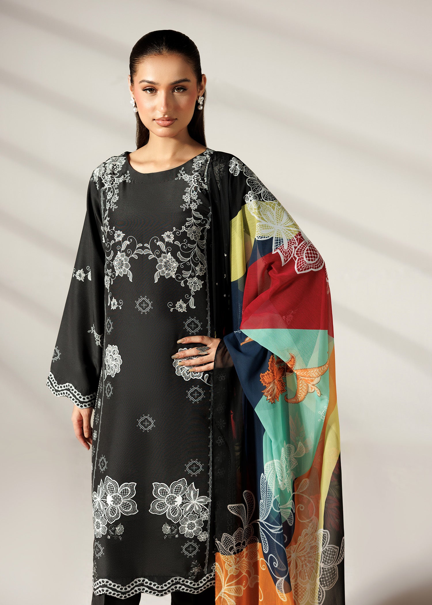 silk finish lawn Kurta Set in Black