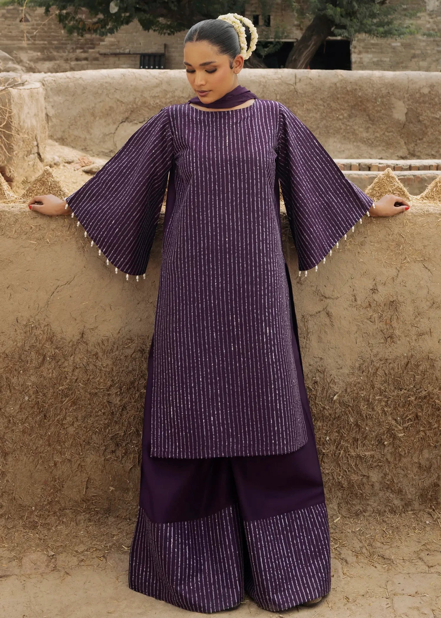lawn cotton Kurta Set in Purple heart