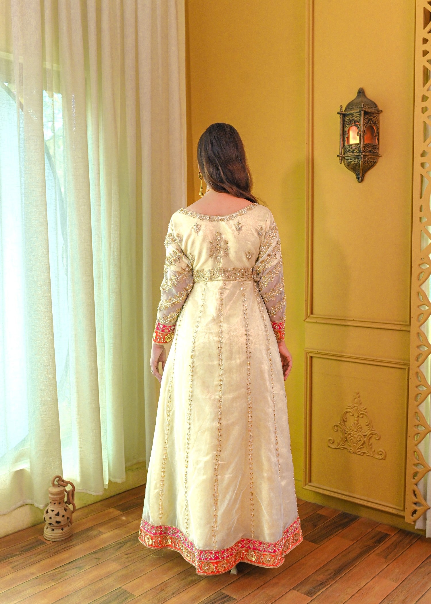 zari embroidered organza Pishwas in Ivory