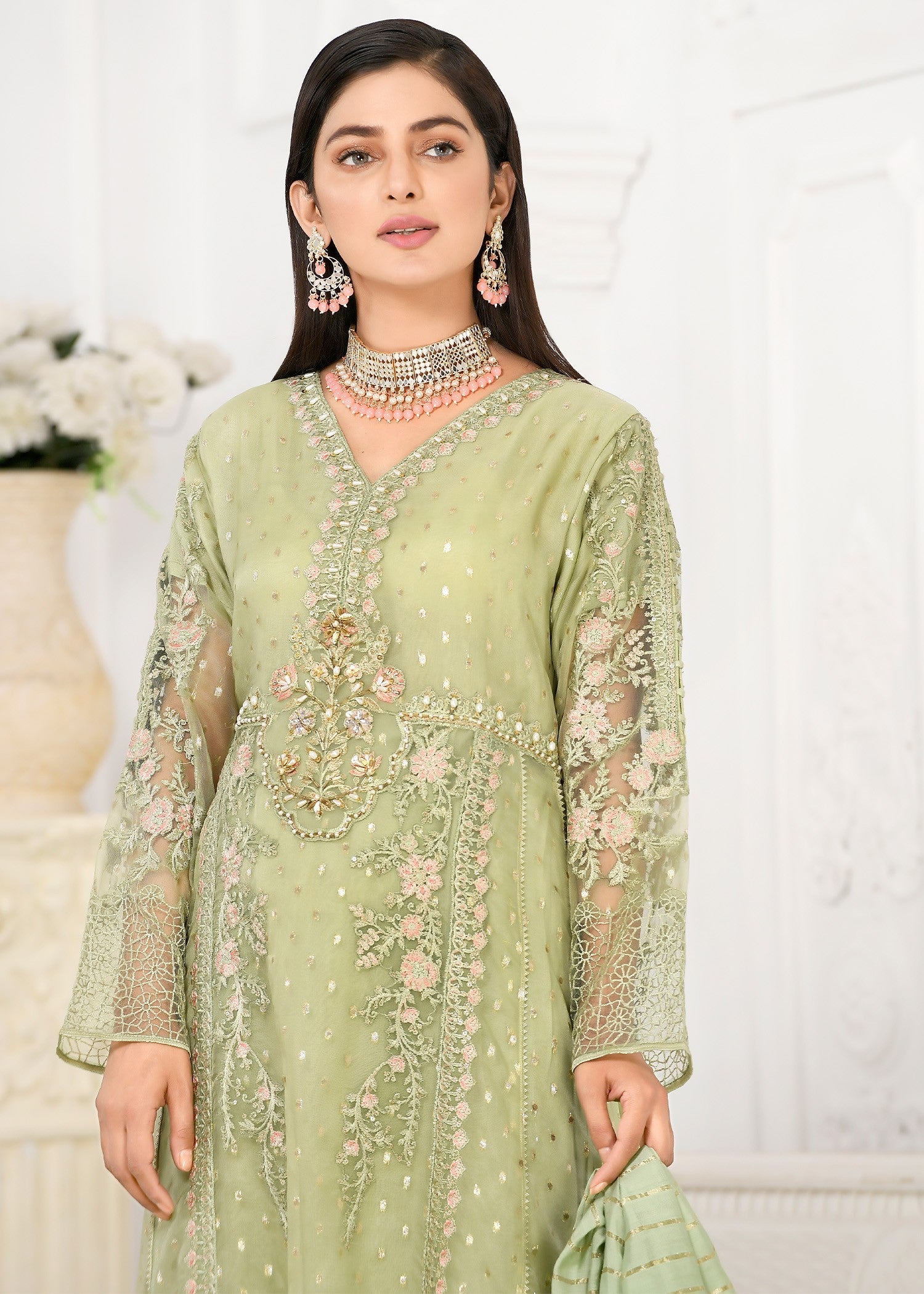 organza Pishwas in Pistachio green