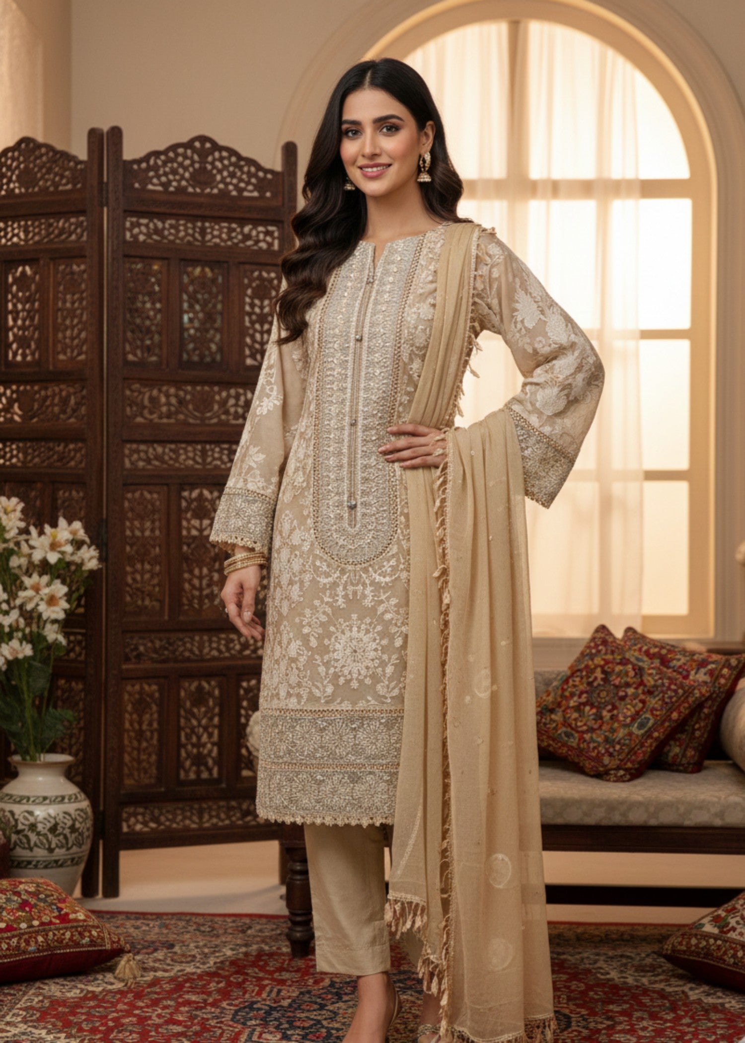 organza Kurta Set in Camel brown