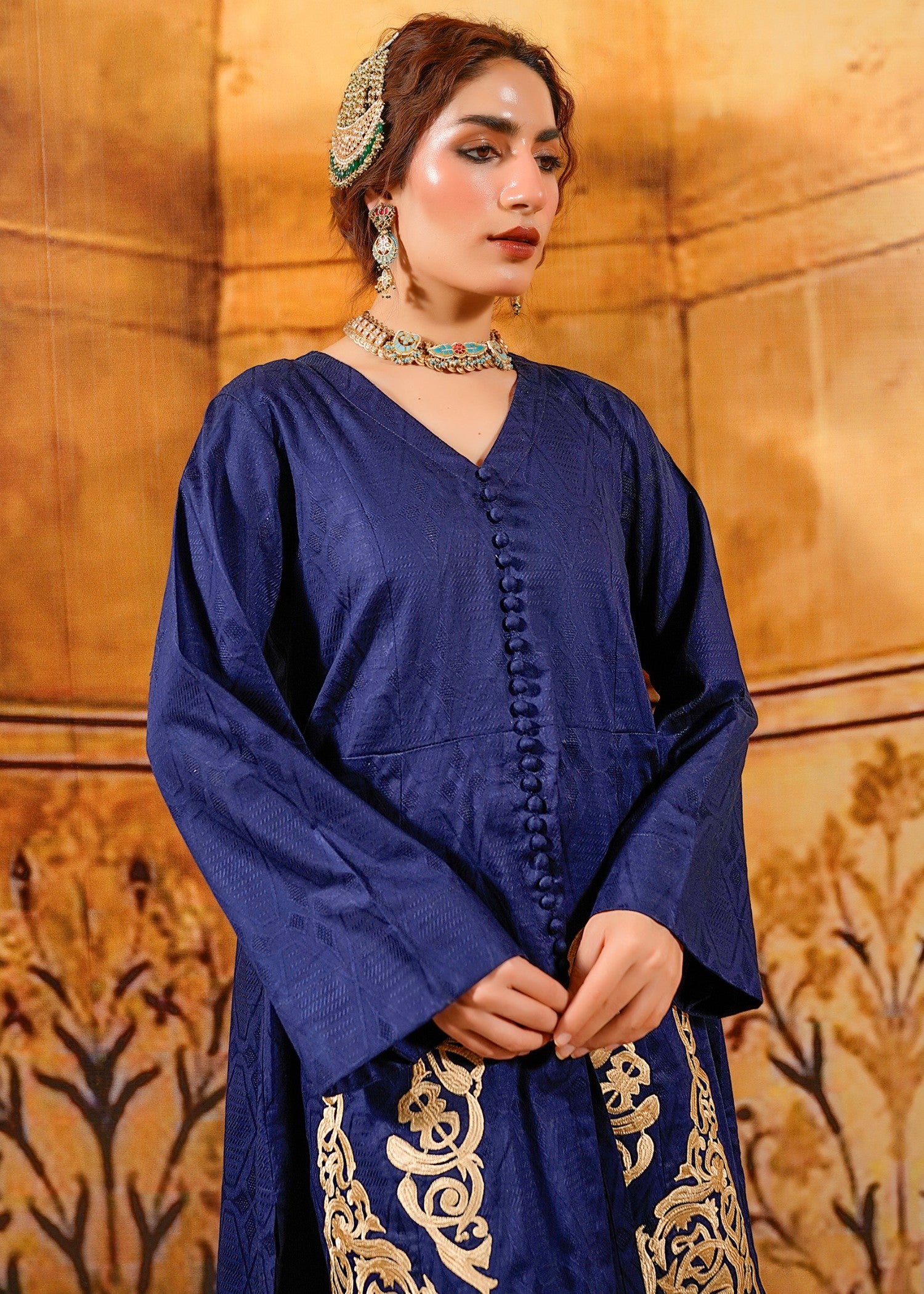 cotton jacquard Kurta Set in Navy blue