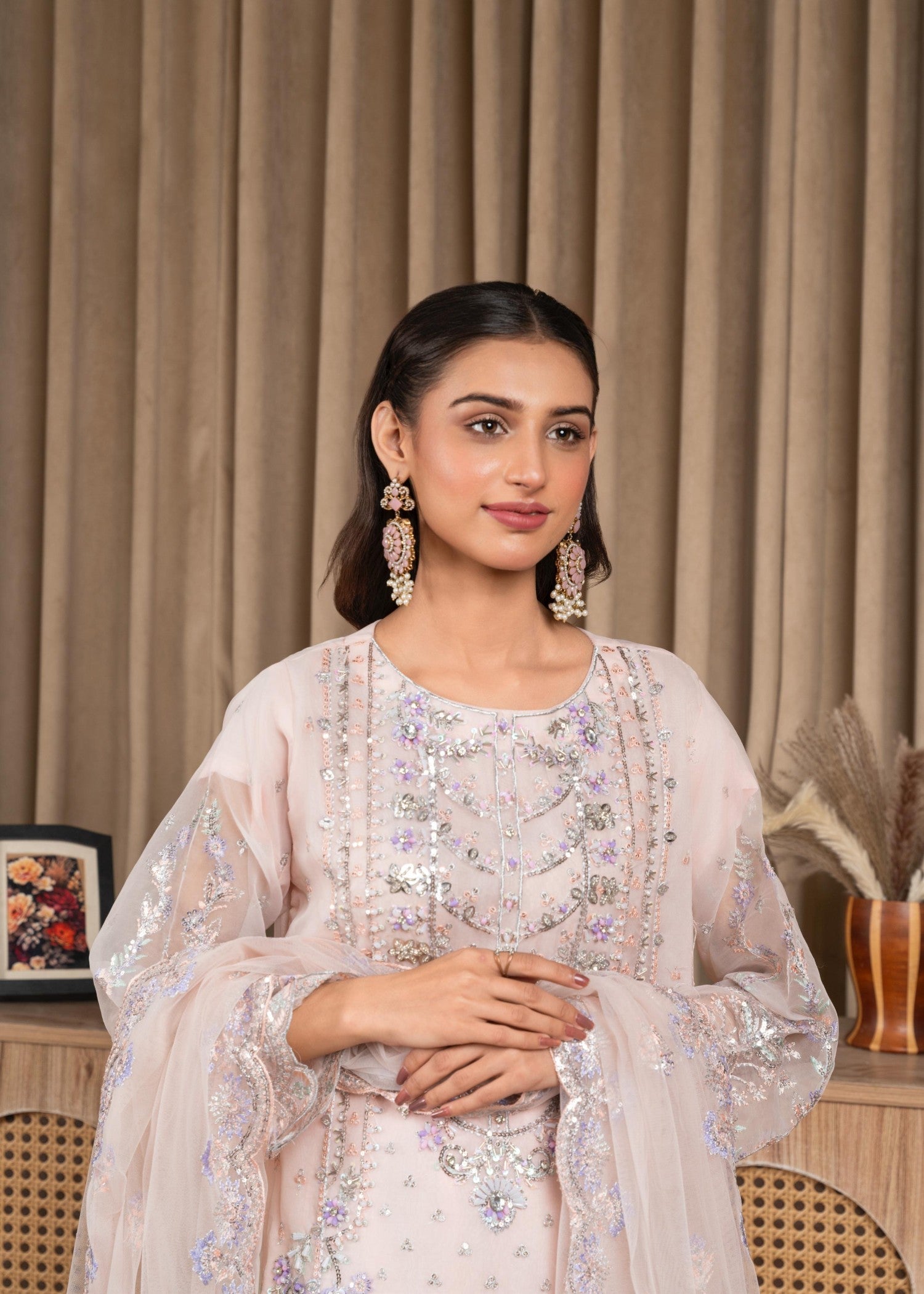organza Kurta Set in Peach pink