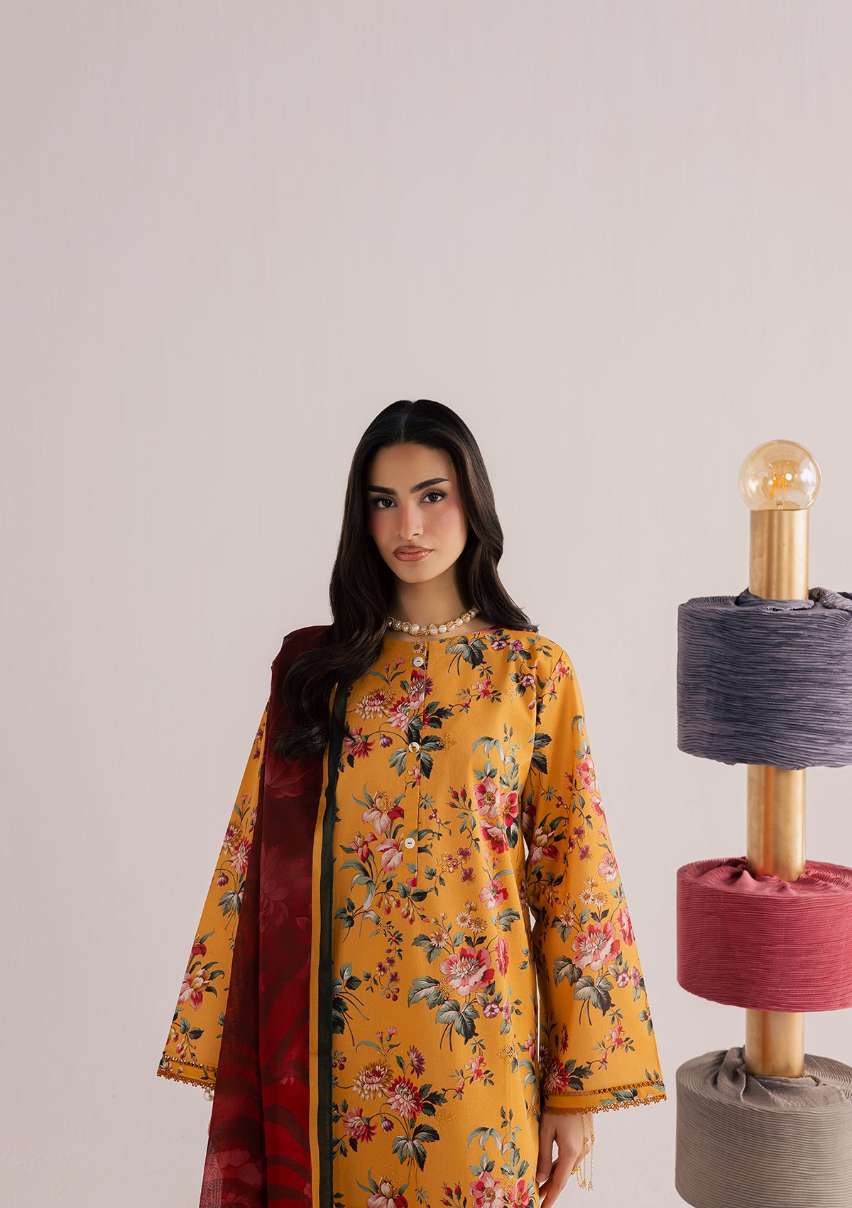 lawn Kurta Set in Yellow-orange