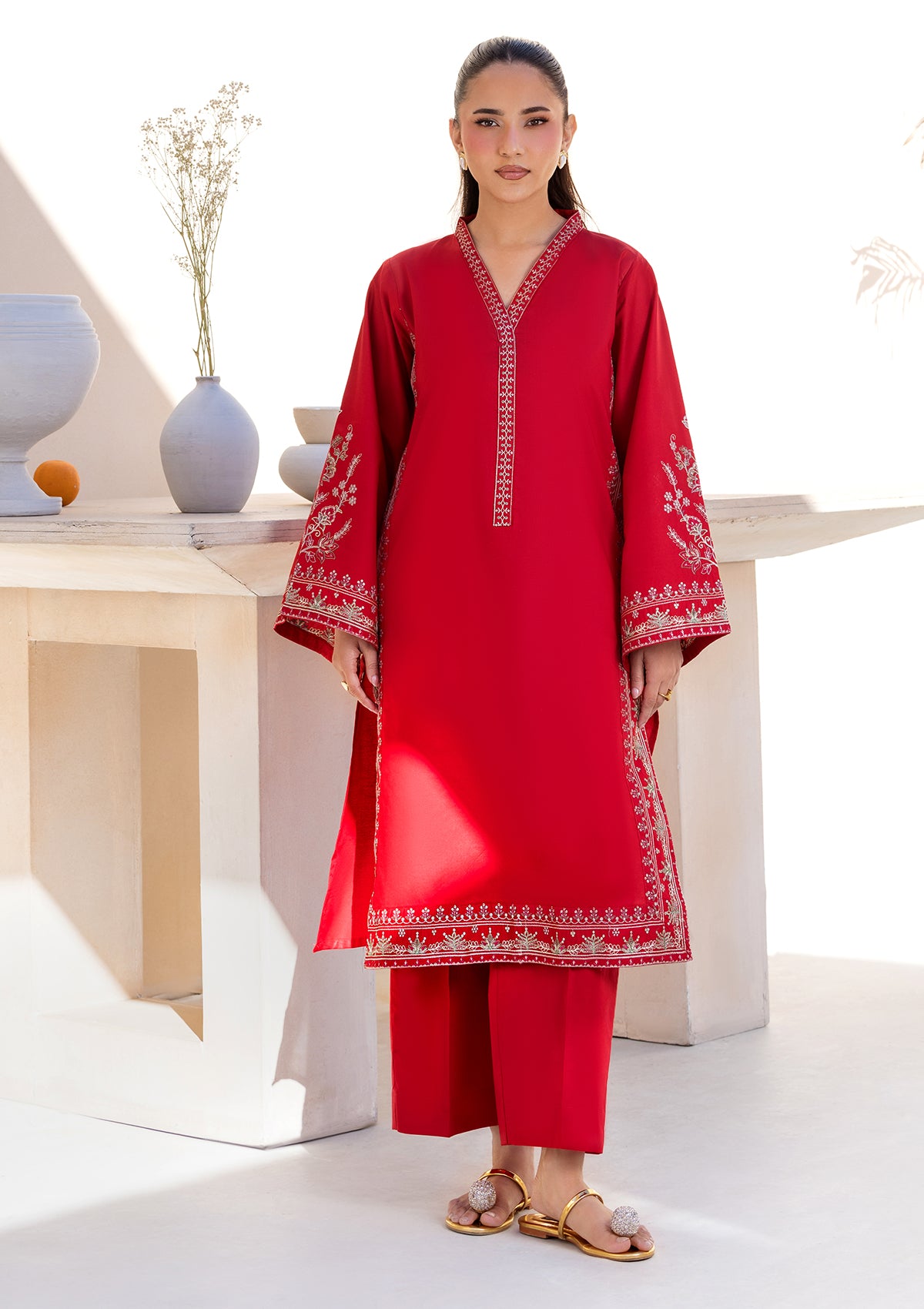 cotton Kurta Set in Red
