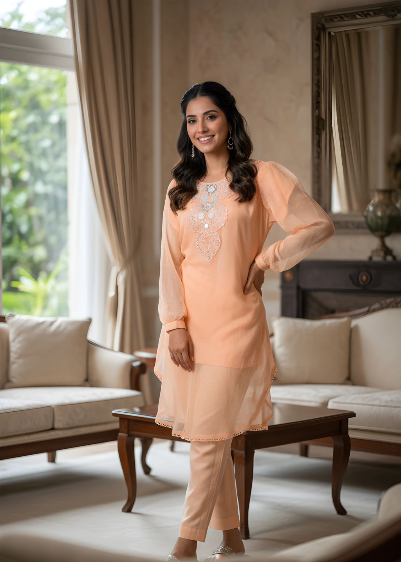 chiffon Kurta Set in Peach orange