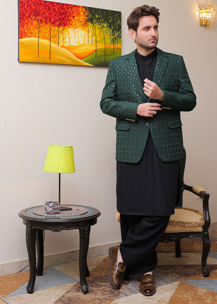 banarsi silk Prince Coat in Dark green