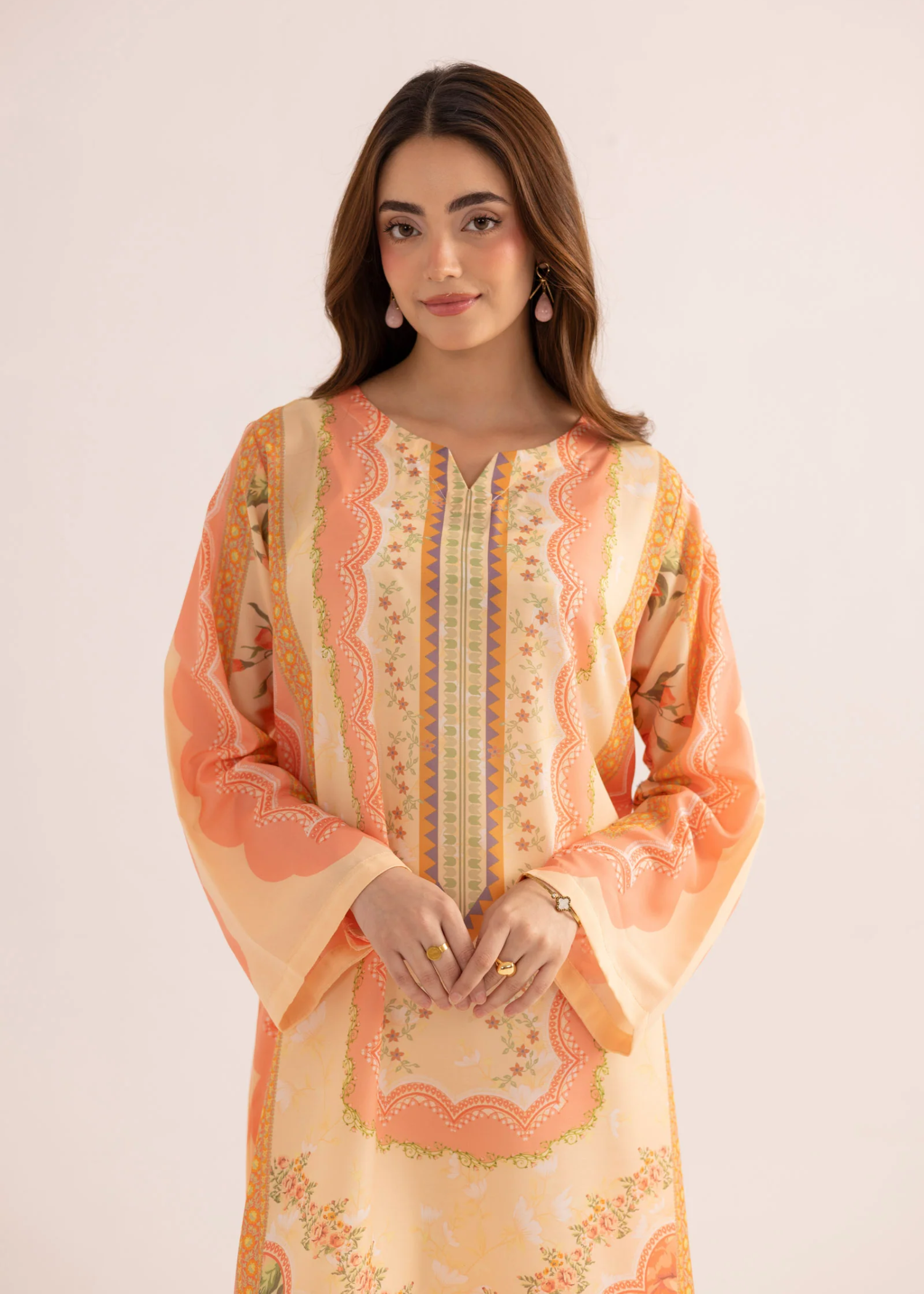 silk finish lawn Kaftan in Pink, peach orange
