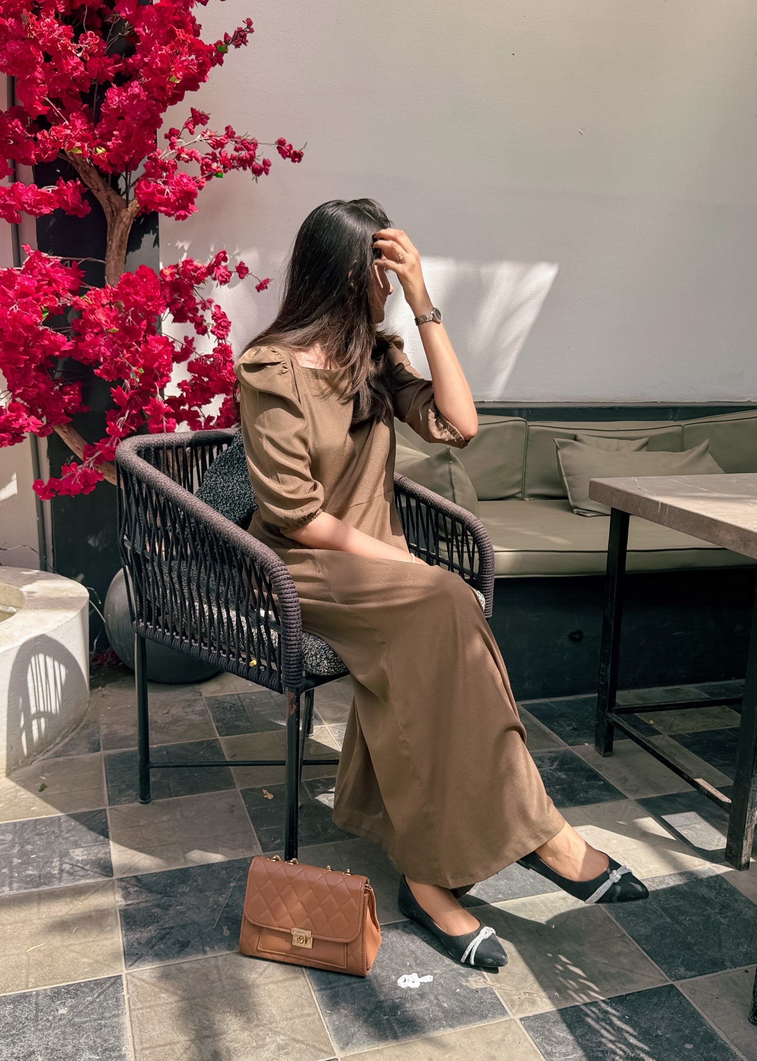 polyester crepe Dress in Khaki brown