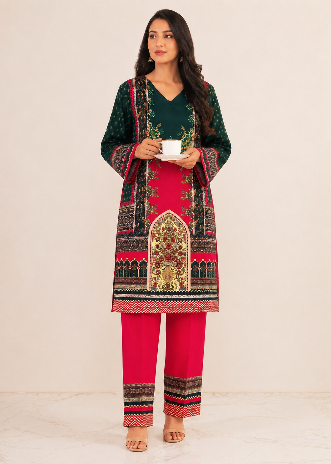 herringbone Kurta Set in Black, brick red
