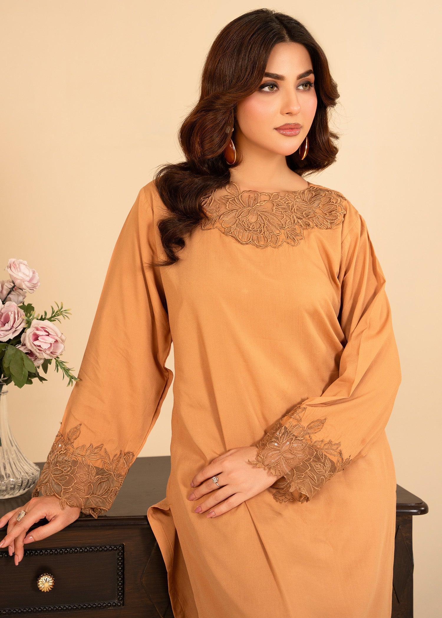 linen Kurta Set in Camel brown