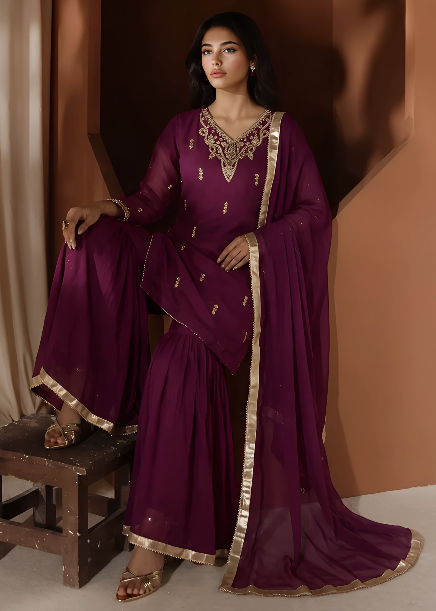chiffon Gharara in Plum purple