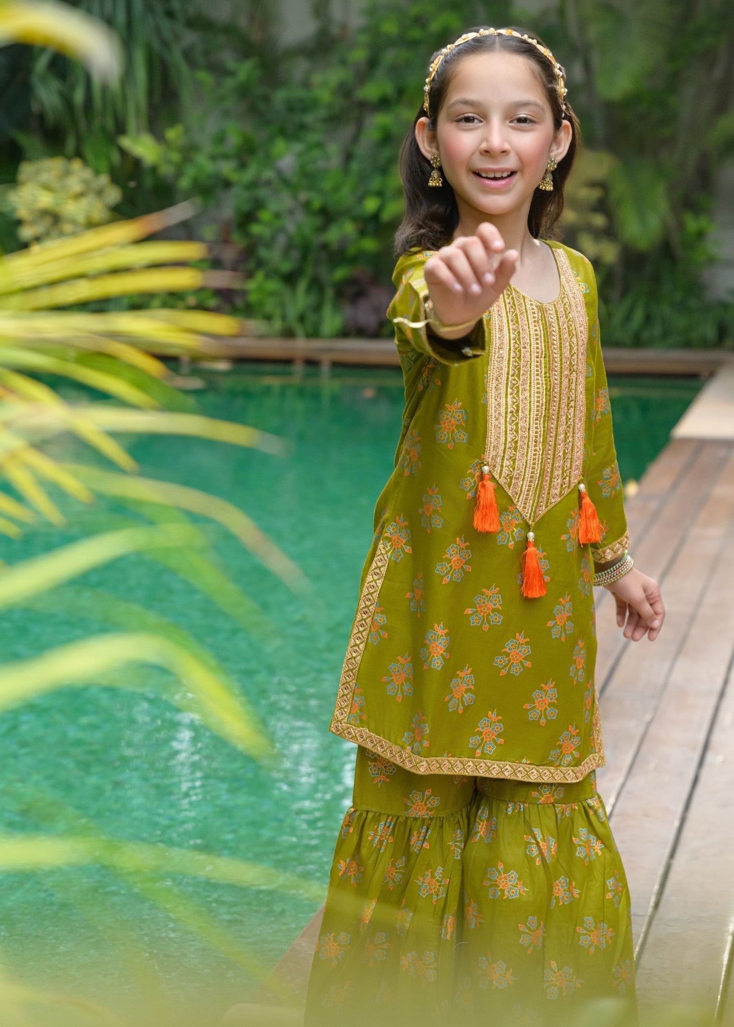 lawn Gharara in Olive green
