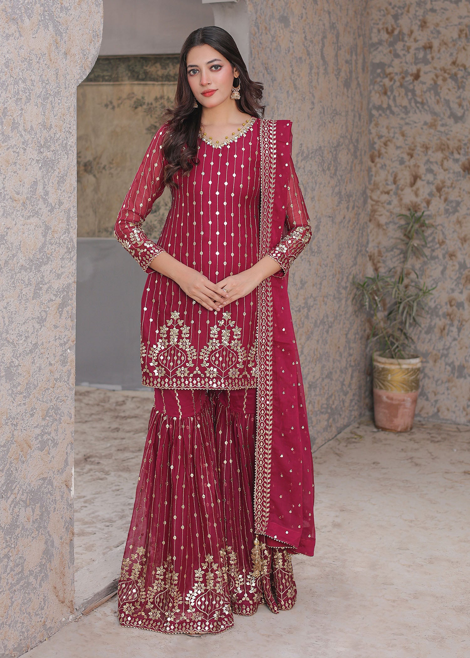 chiffon Gharara in Maroon