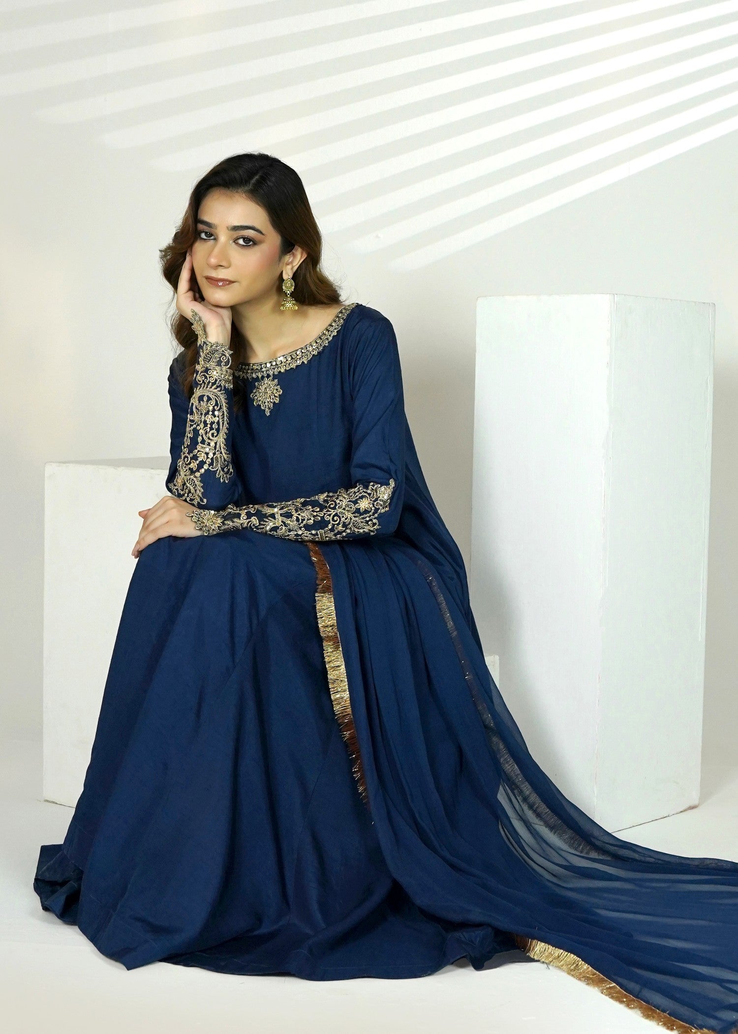 korean raw silk Maxi in Navy blue