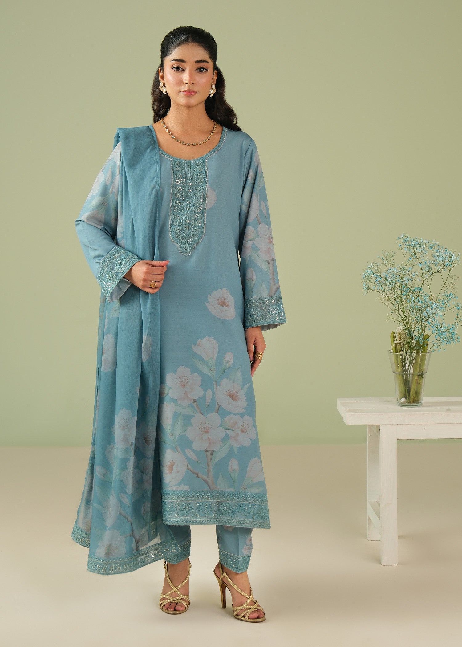 raw silk Kurta Set in Carolina blue