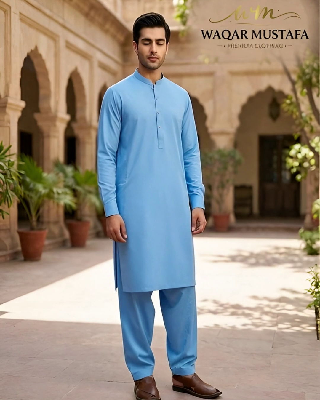 blend boski Shalwar Kameez in Sky blue by Waqar Mustafa