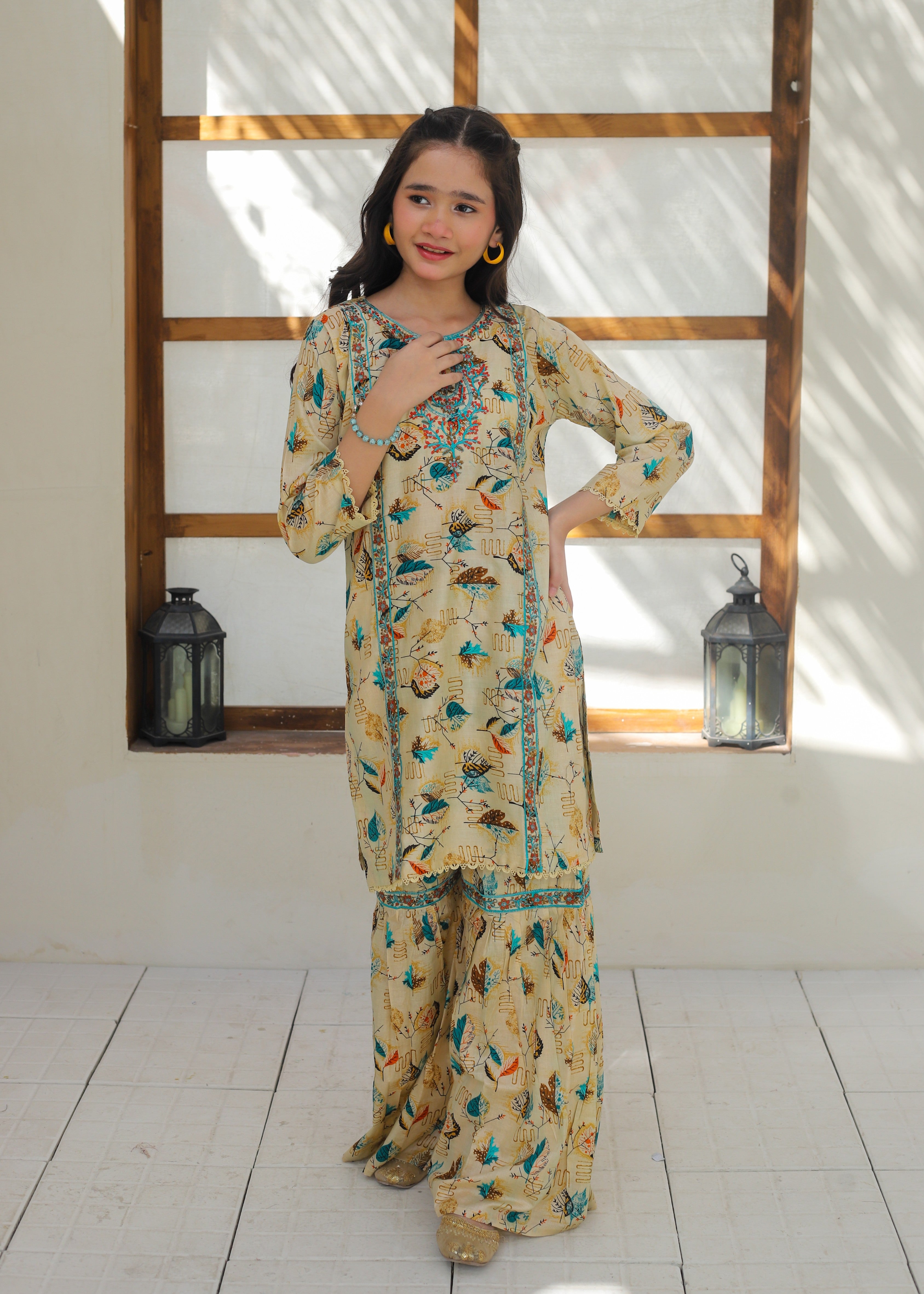 lawn Gharara in Beige
