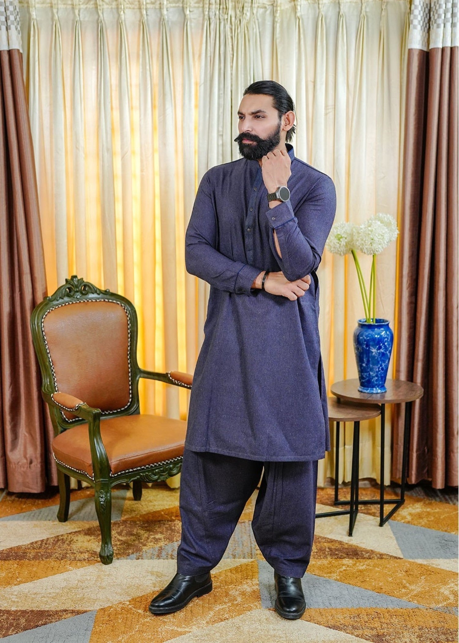 woolen karandi Shalwar Kameez in Navy blue