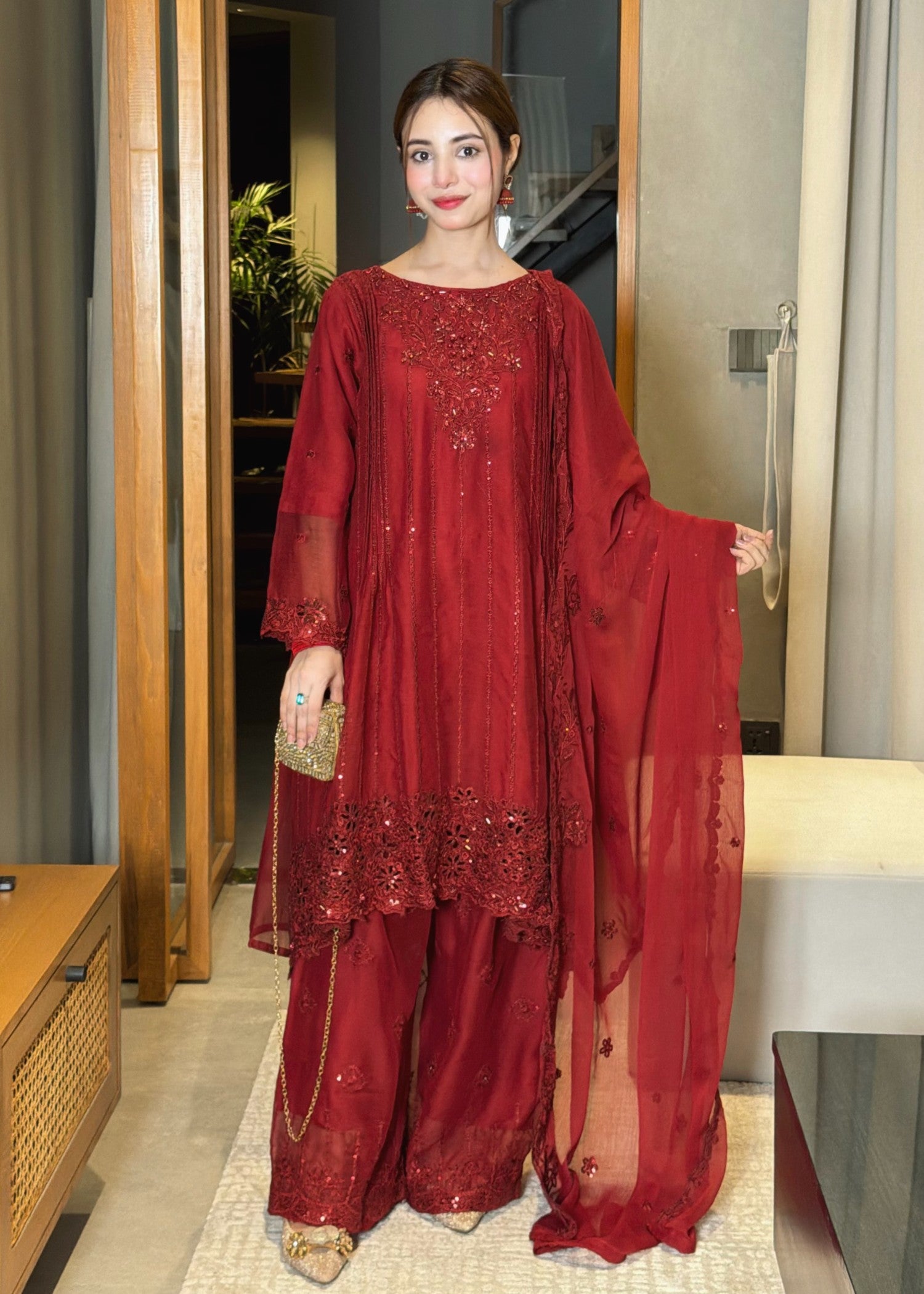 chiffon Short Frock in Maroon