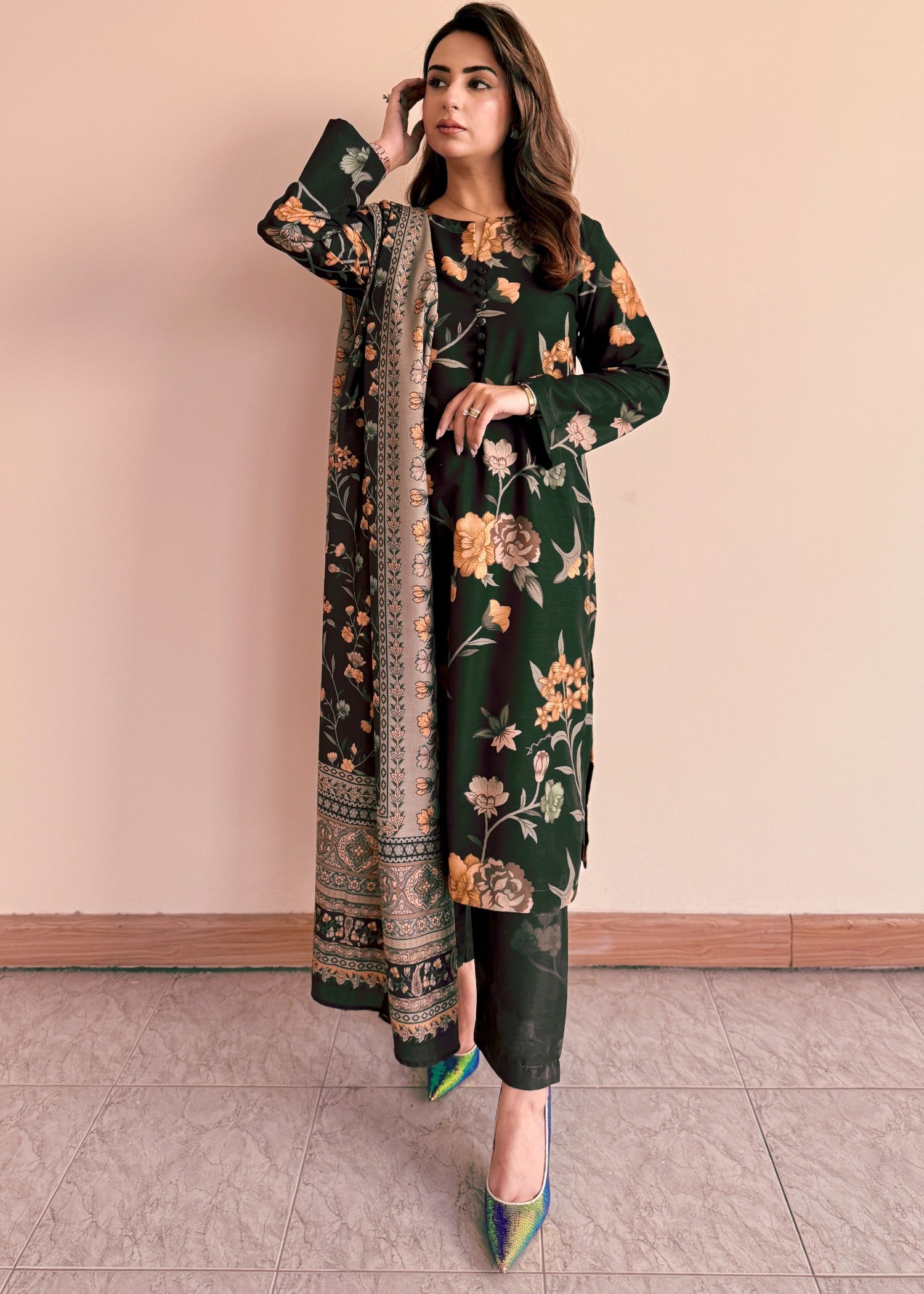 khaddar Kurta Set in Dark green