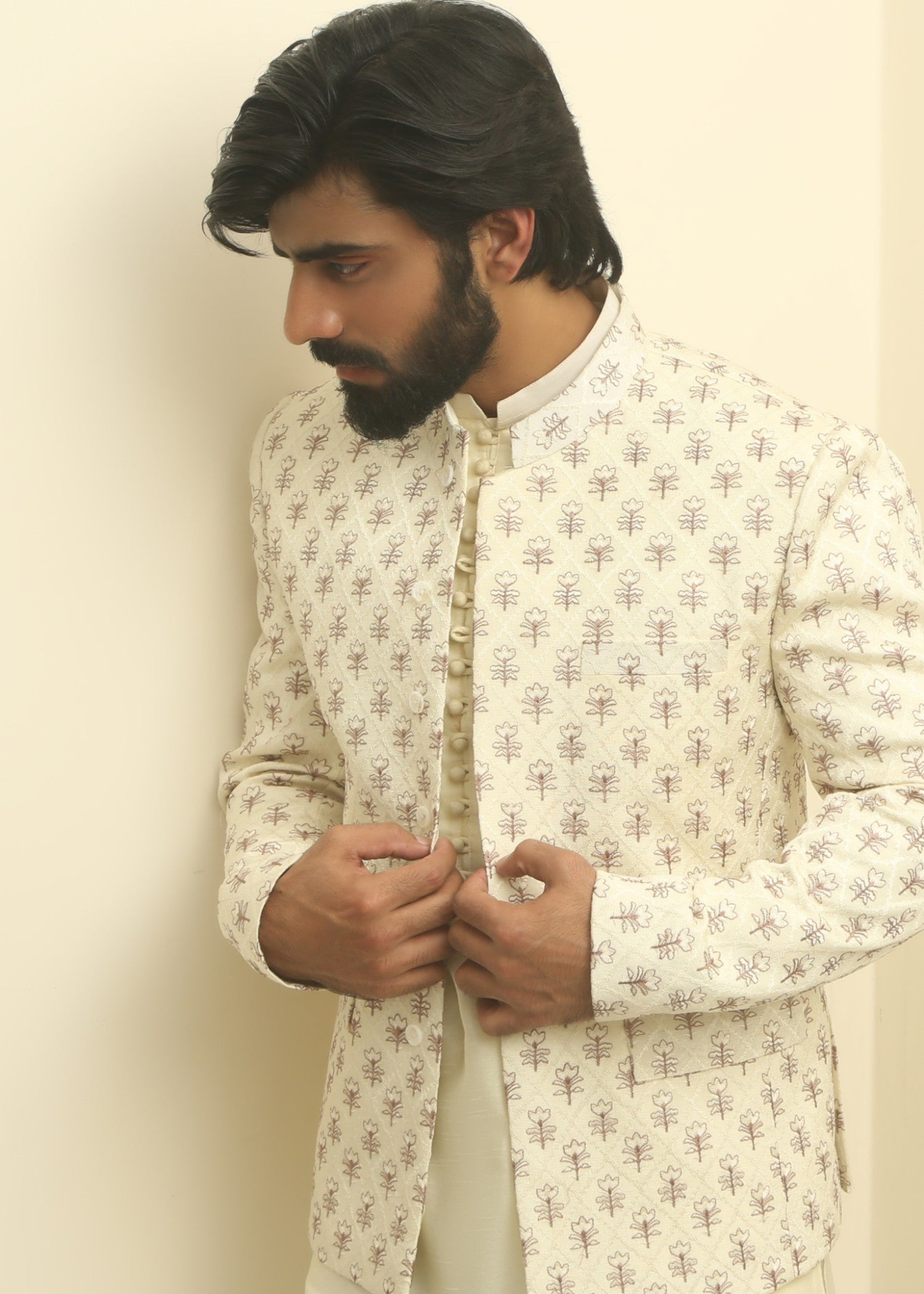 raw silk Prince Coat in Off-white